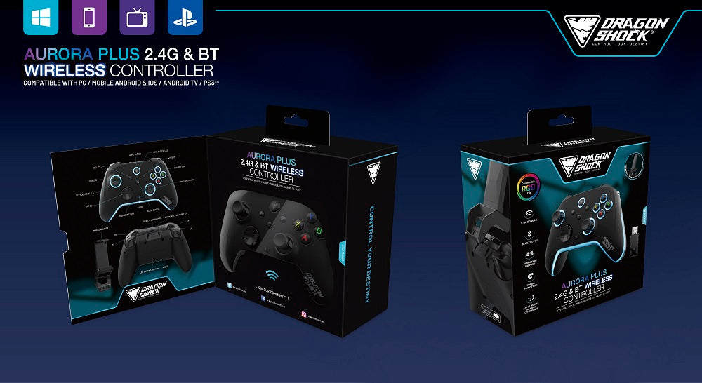 DragonShock - AURORA PLUS - Manette sans fil noire avec support téléphone pour PS3, PC, Android et IOS - flash vidéo