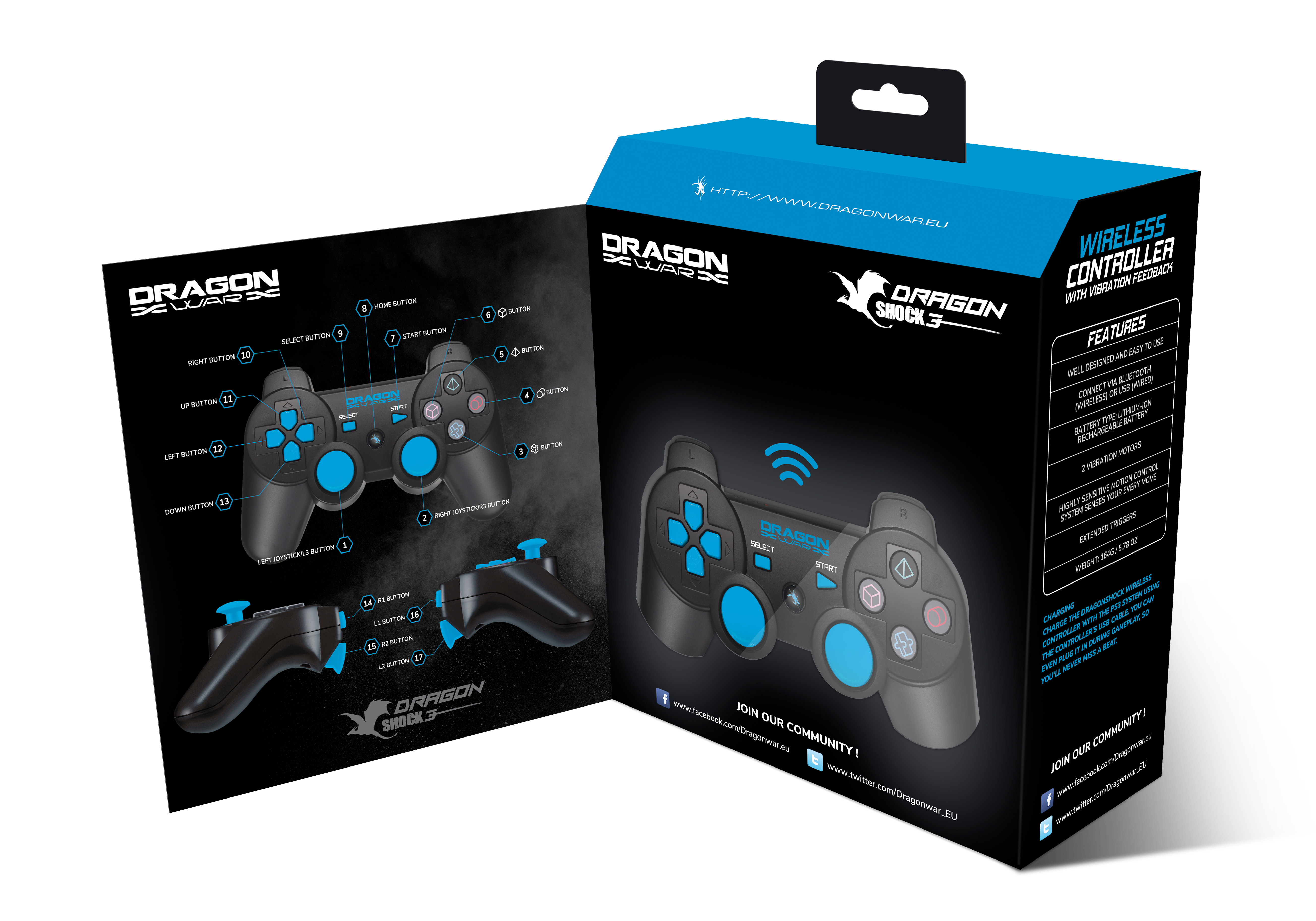 Dragonwar - Manette sans fil Bluetooth Dragon Shock 3 Noire pour PS3 - flash vidéo