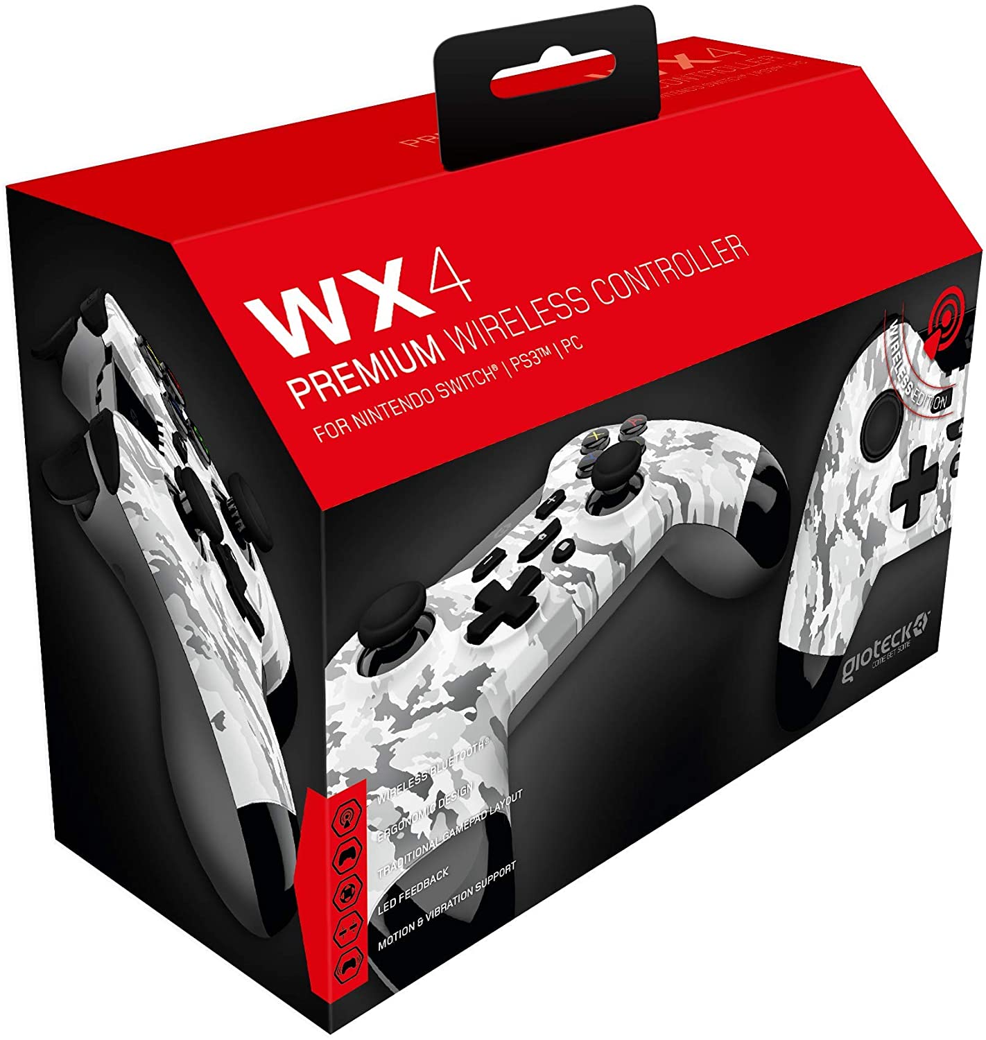 Gioteck - Manette sans fil premium WX4 Camouflage Arctique pour Nintendo Switch, PS3 et PC - flash vidéo
