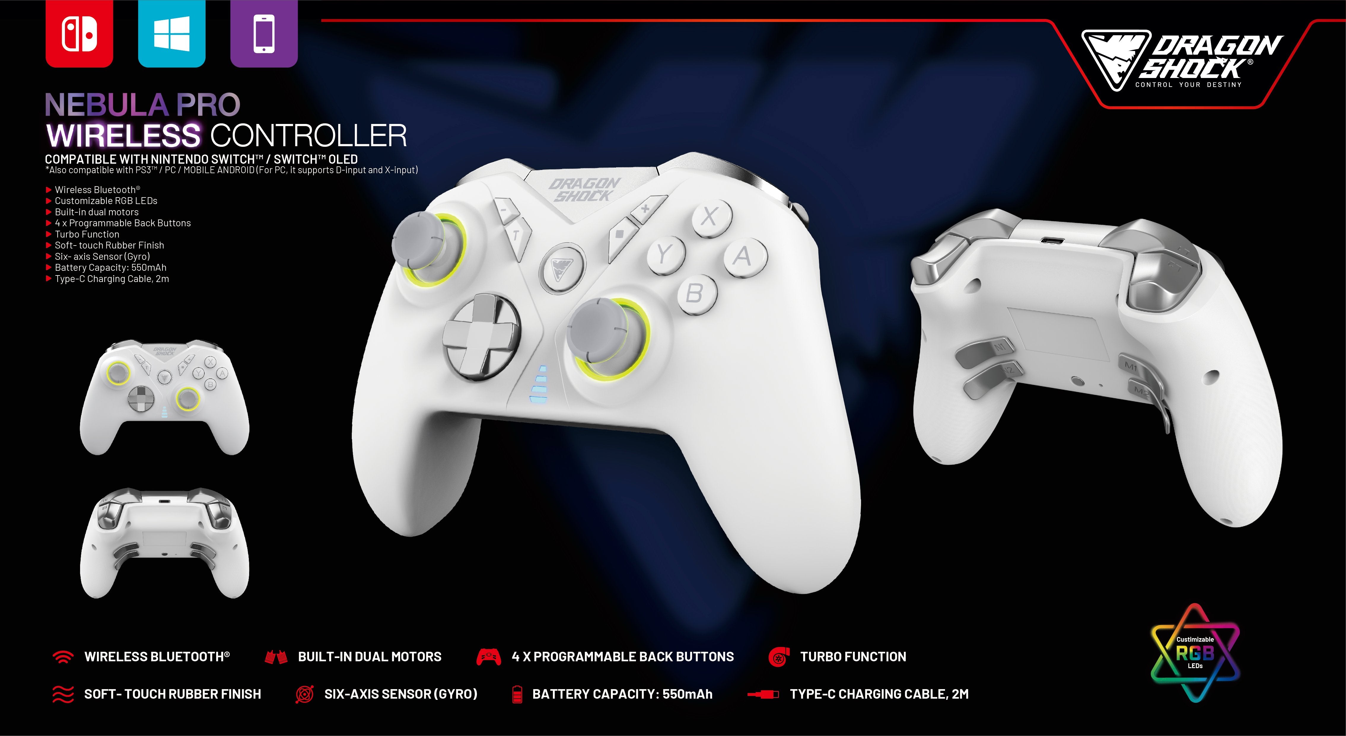 DragonShock - NEBULA PRO - Manette sans fil Pro Blanche pour Nintendo Switch, Switch Lite, Switch OLED, PS3, PC et Android - flash vidéo
