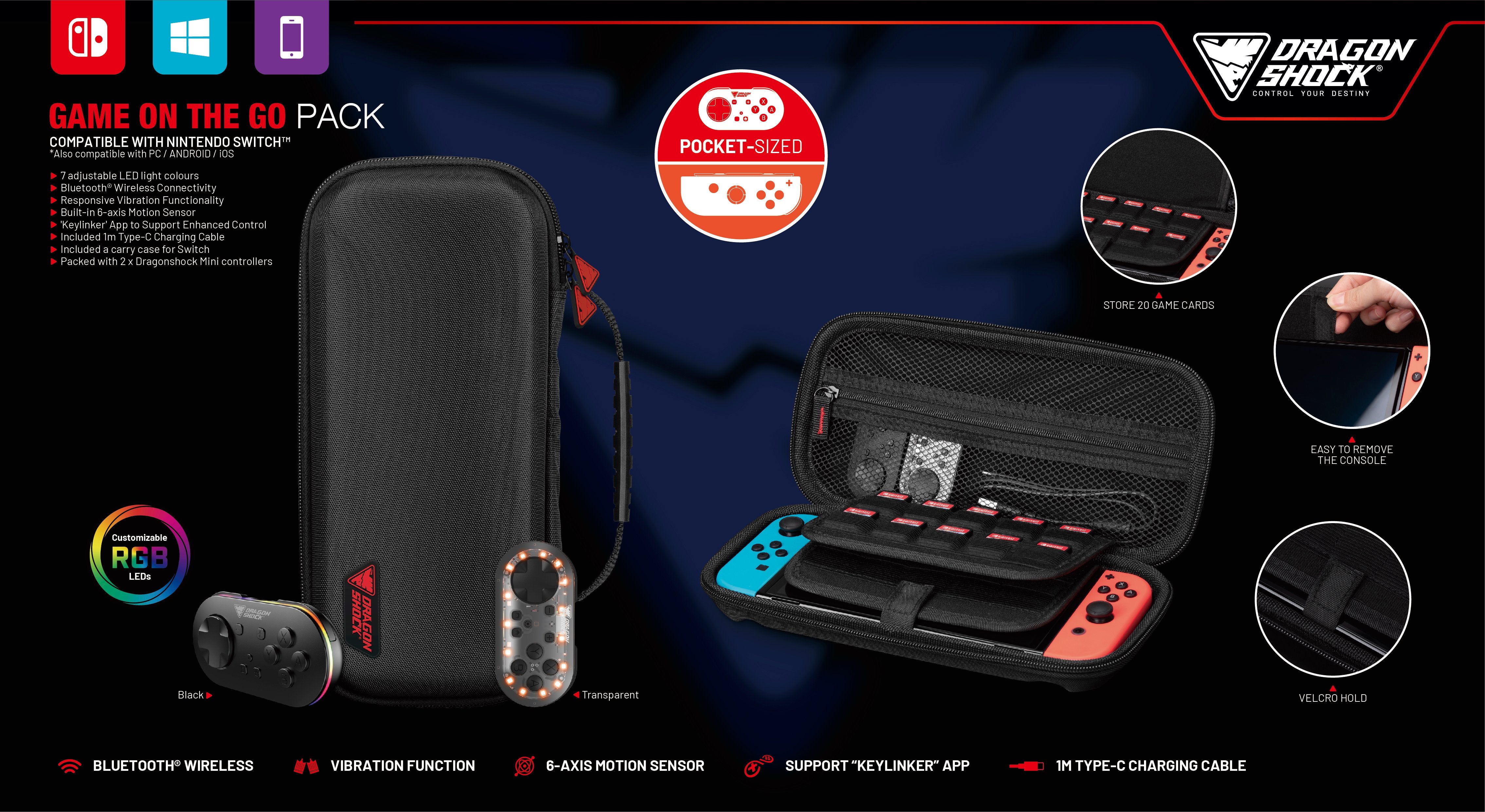 DragonShock - Game On the Go Pack - Housse de Transport Switch + Paire Mini Manettes Sans Fil Glow Fusion et Noire pour Nintendo Switch, Switch OLED, PC, Android et IOS - flash vidéo