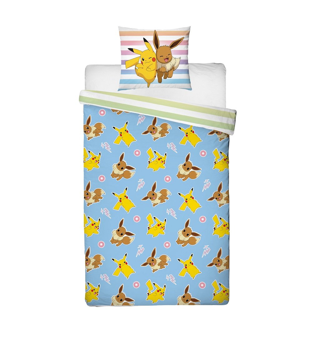 Pokémon - Parure de lit en microfibre Pikachu et Evoli (140x200cm + 63x63cm) - flash vidéo