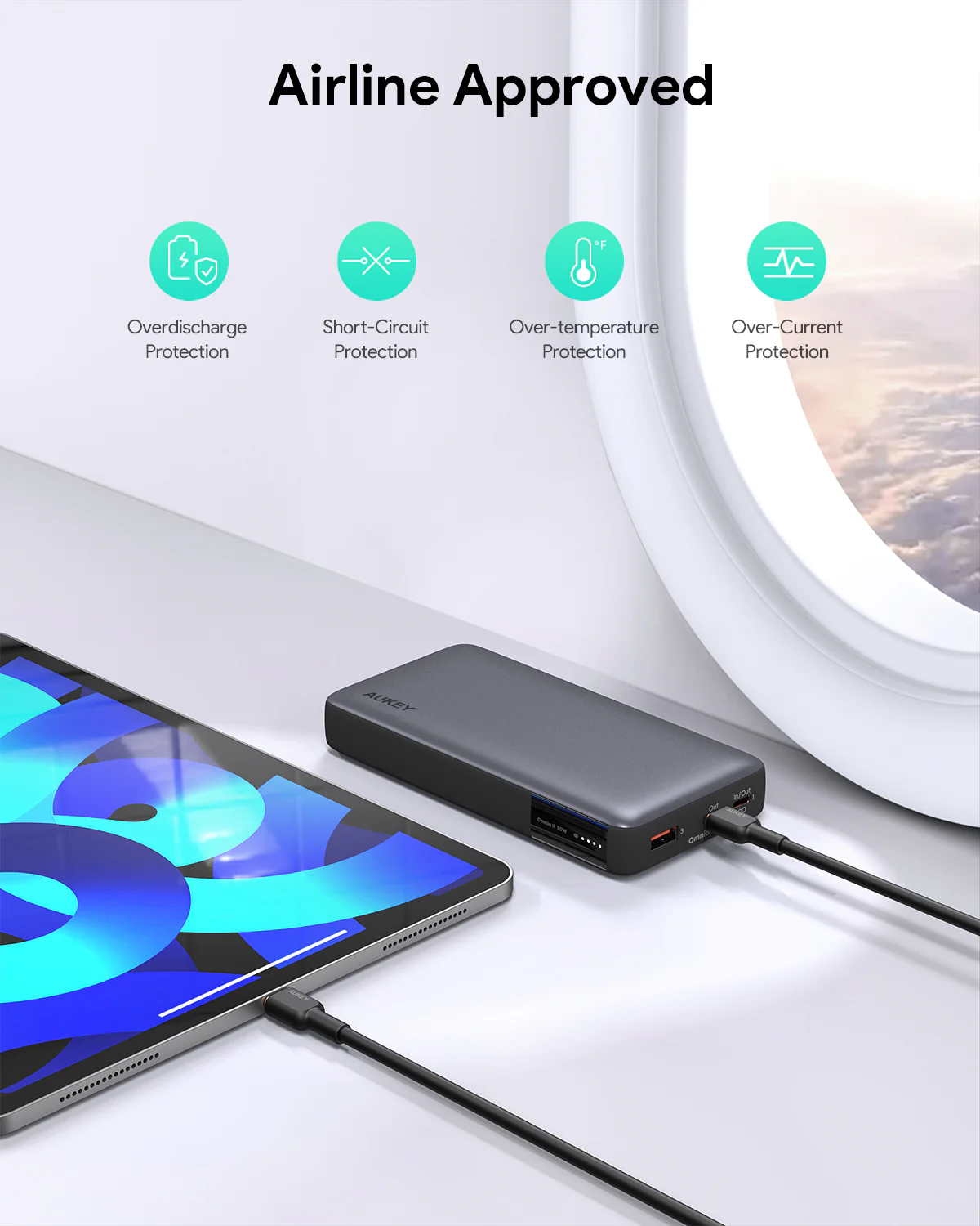 Aukey - Power Bank Noire SprintX 20000mAh 30W Charge rapide - flash vidéo