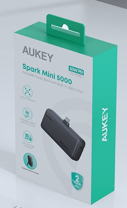 Aukey - Spark Mini 22.5W 5000mAh Power Bank avec port USB C intégré - flash vidéo