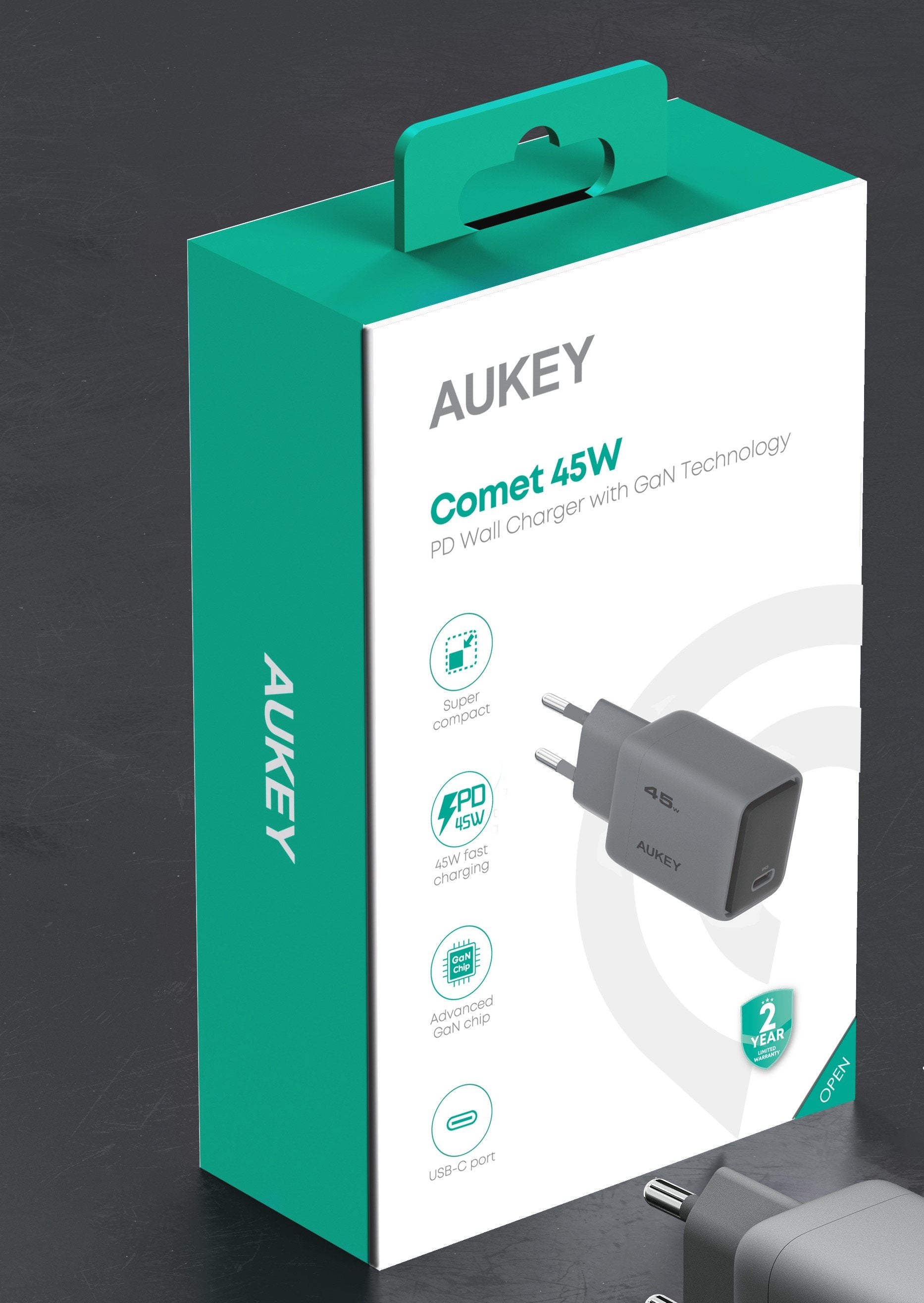 Aukey - Chargeur mural Comet 45W GaN PD 1-Port Gris - flash vidéo