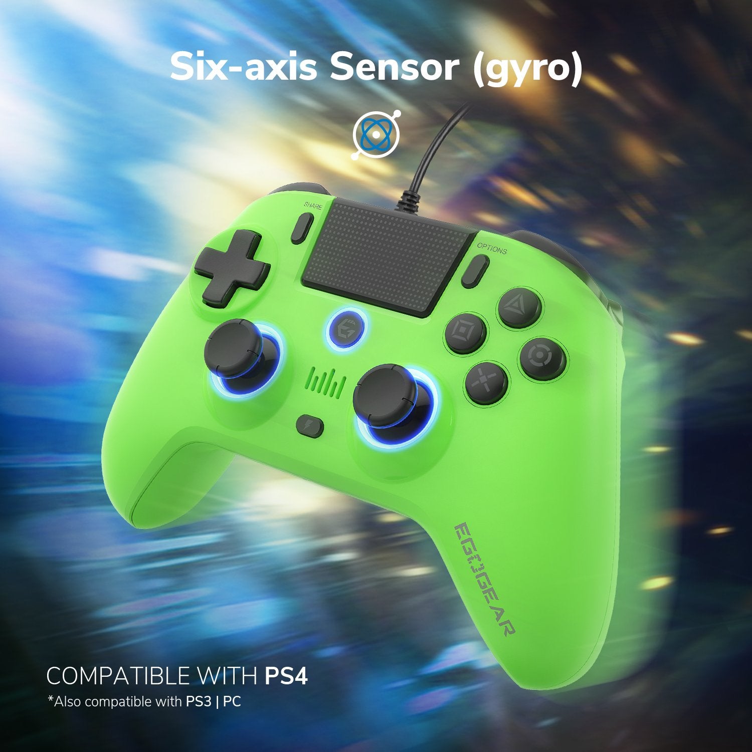 EgoGear - Manette filaire SC10 Verte avec port audio pour casque pour PS4, PS3 et PC - flash vidéo