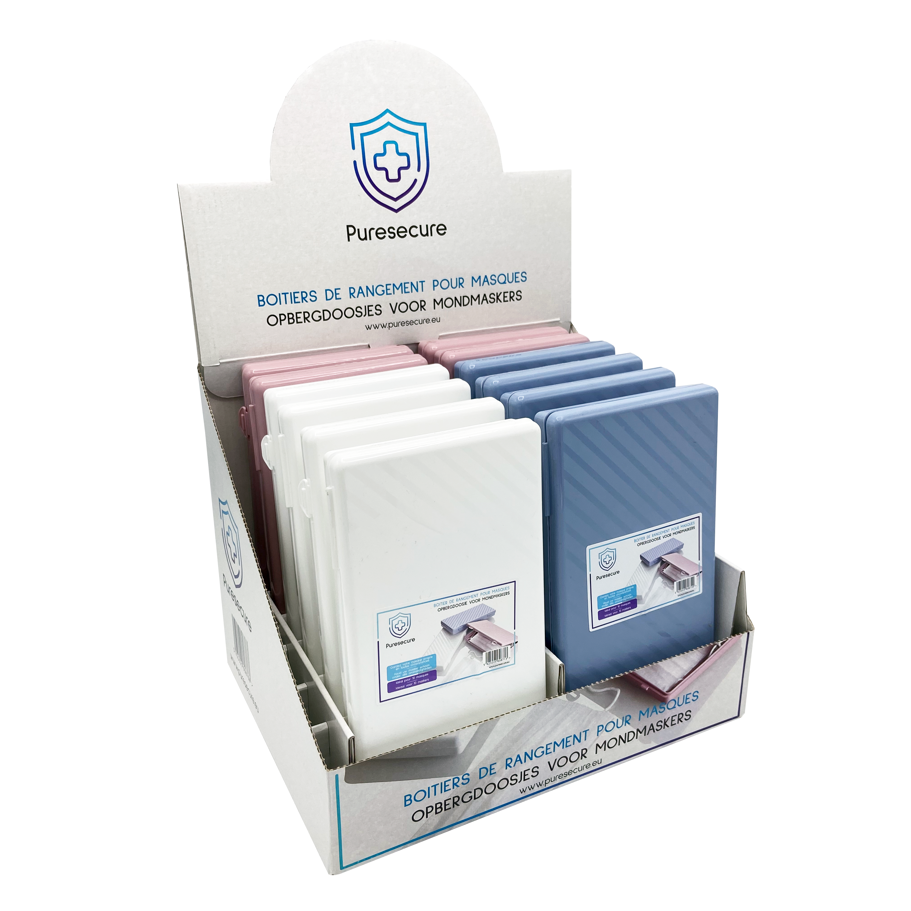 PureSecure - Présentoir de 12 boîtiers de rangement pour 10 masques - flash vidéo