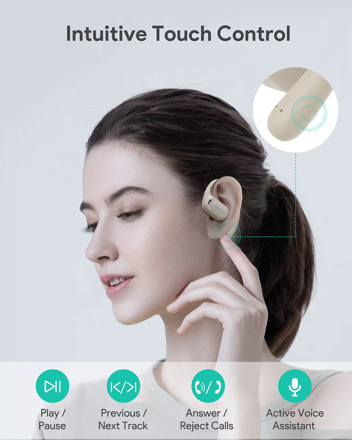 Aukey - Écouteurs sans fil connectés Sports Fit Open-Ear Blanc - flash vidéo