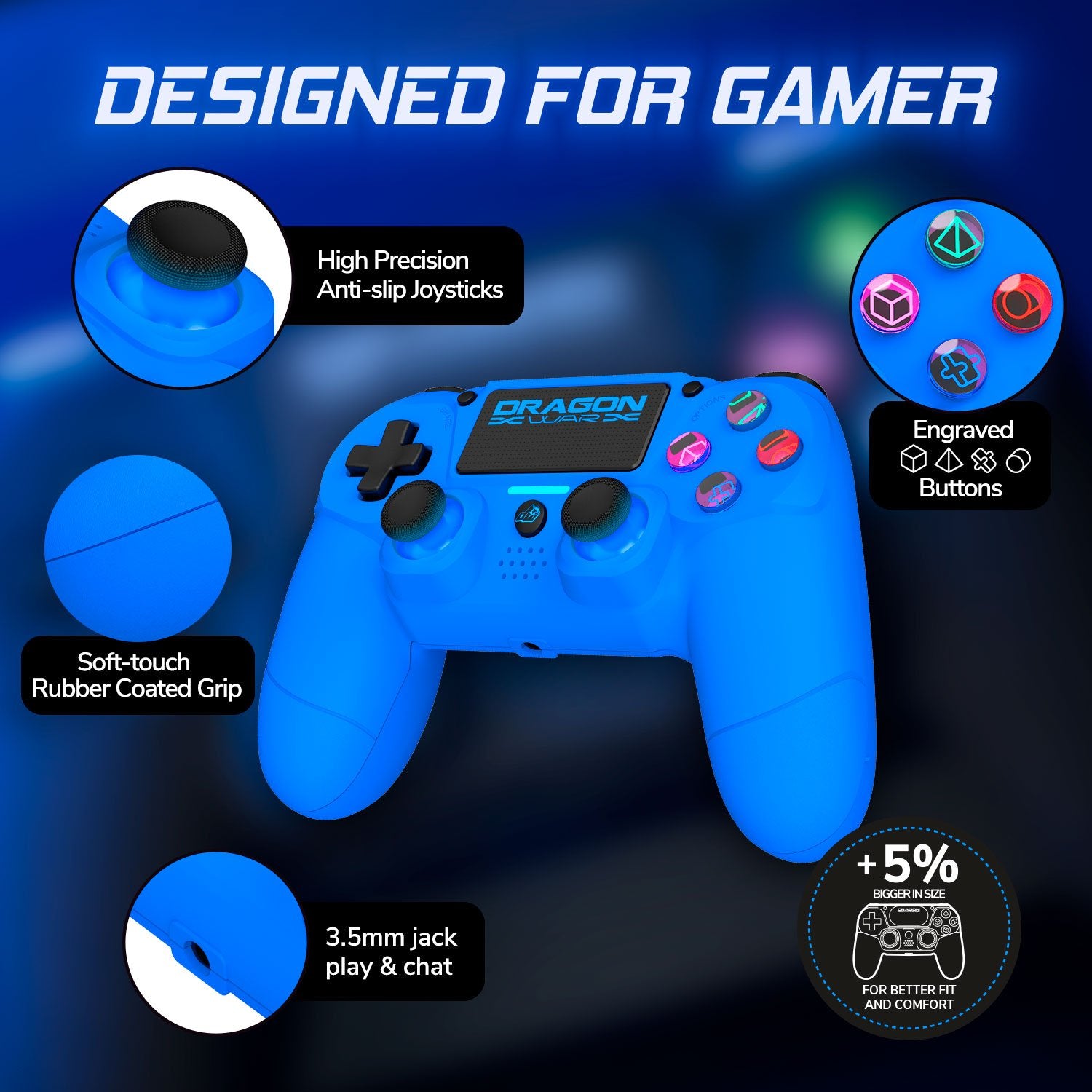 Dragonwar - Manette sans fil Dragon Shock 4 Bleue pour PS4, PC et Mobile - flash vidéo