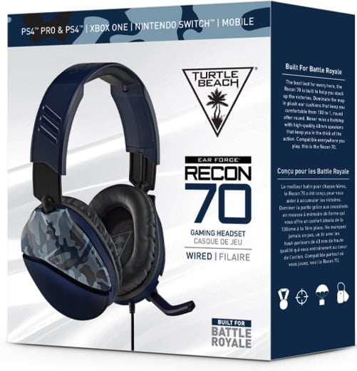 Turtle Beach - Casque de jeu filaire Recon 70 Camo Bleu pour PS5, PS4, Xbox Series X|S, Xbox One, Switch et Mobile - flash vidéo
