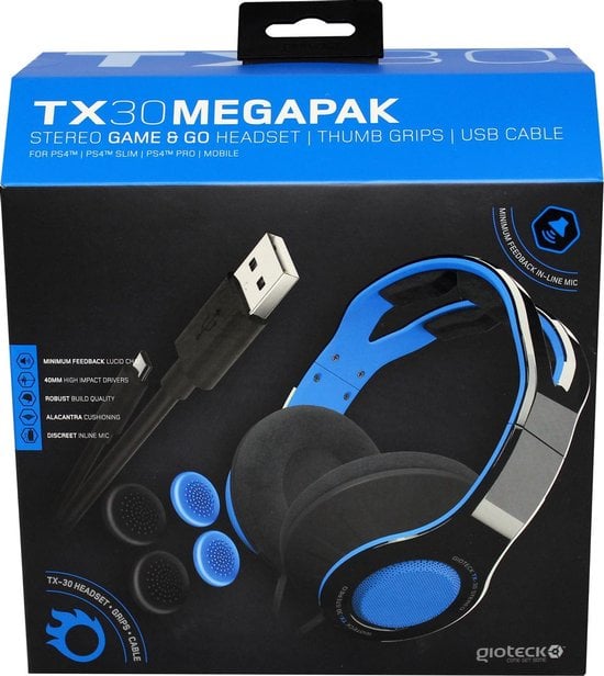 Gioteck - Mégapack TX30 - Casque Stéréo Game & Go + Reposes pouces (Thumbs Grips) + Câble USB pour PS4 - flash vidéo