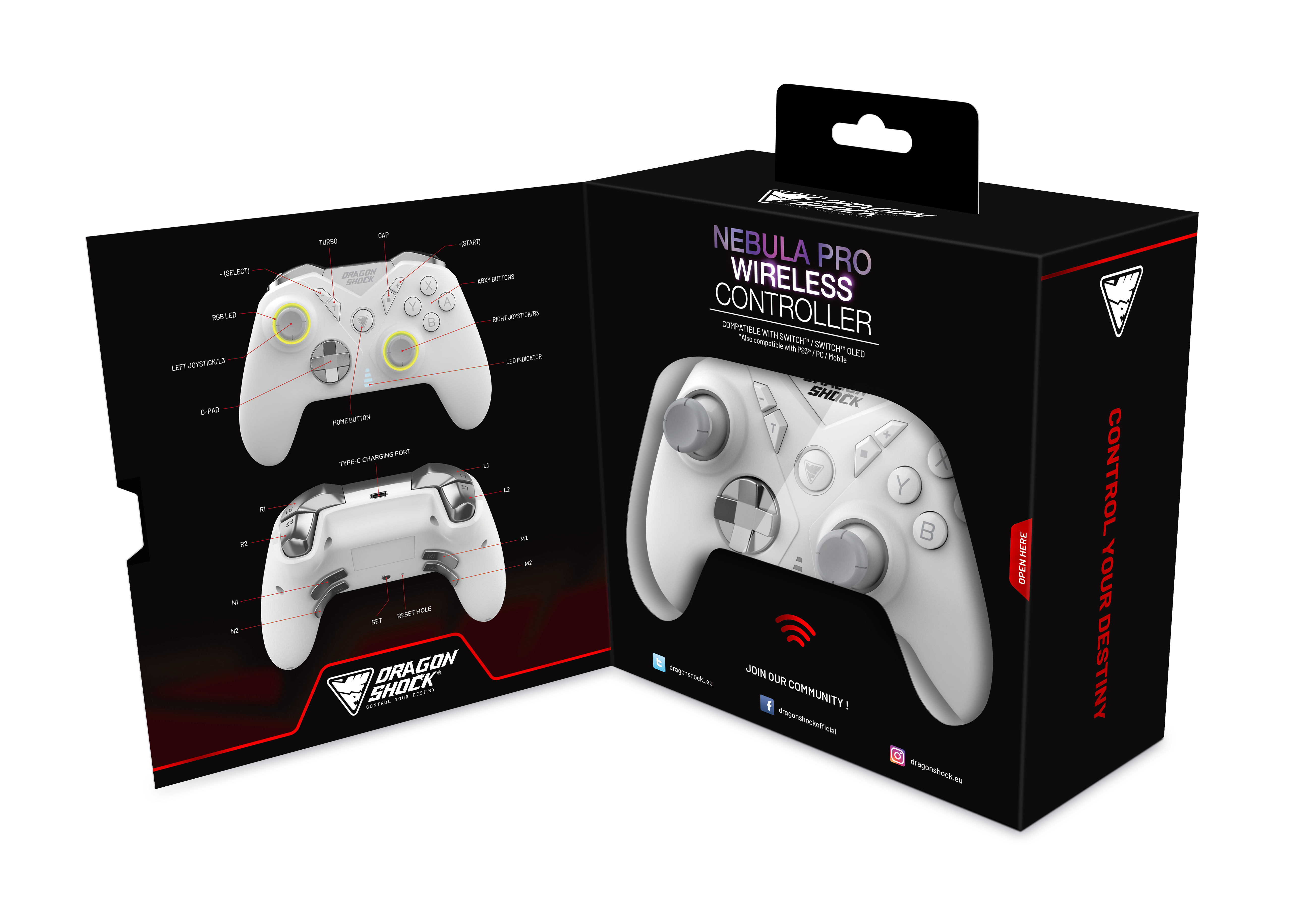 DragonShock - NEBULA PRO - Manette sans fil Pro Blanche pour Nintendo Switch, Switch Lite, Switch OLED, PS3, PC et Android - flash vidéo