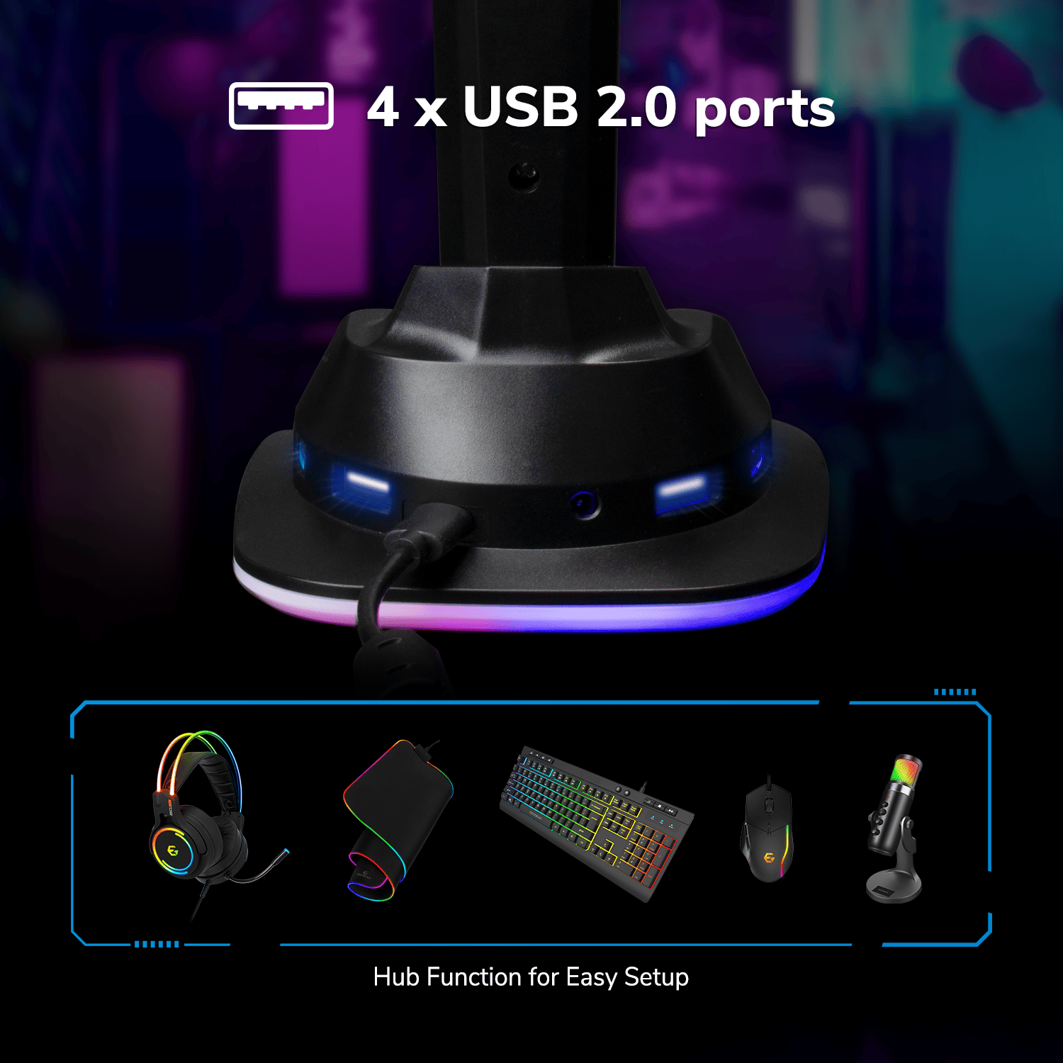 EgoGear - SAC1 - Hub USB universel et support pour casque de jeu RGB - flash vidéo