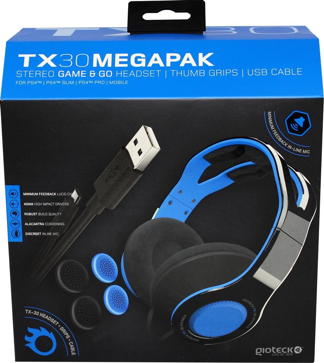 Gioteck - Mégapack TX30 - Casque Stéréo Game & Go + Reposes pouces (Thumbs Grips) + Câble USB pour PS4 - flash vidéo