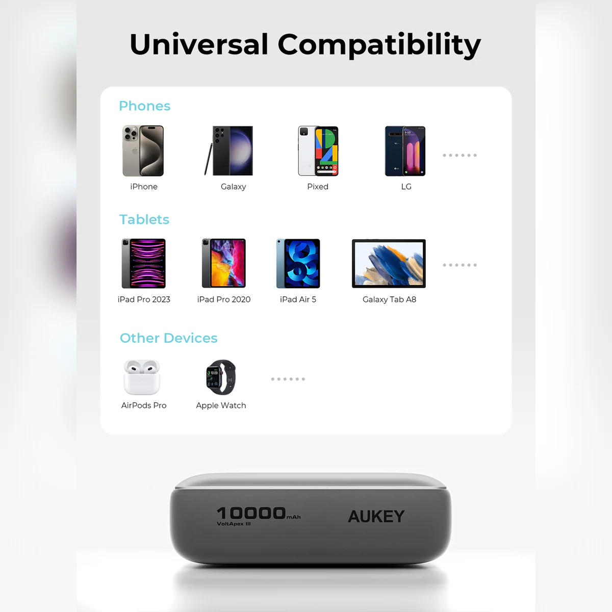 Aukey - Spark Mini 10000mAh 20W Powerbank Grise USB-C/USB-A - flash vidéo