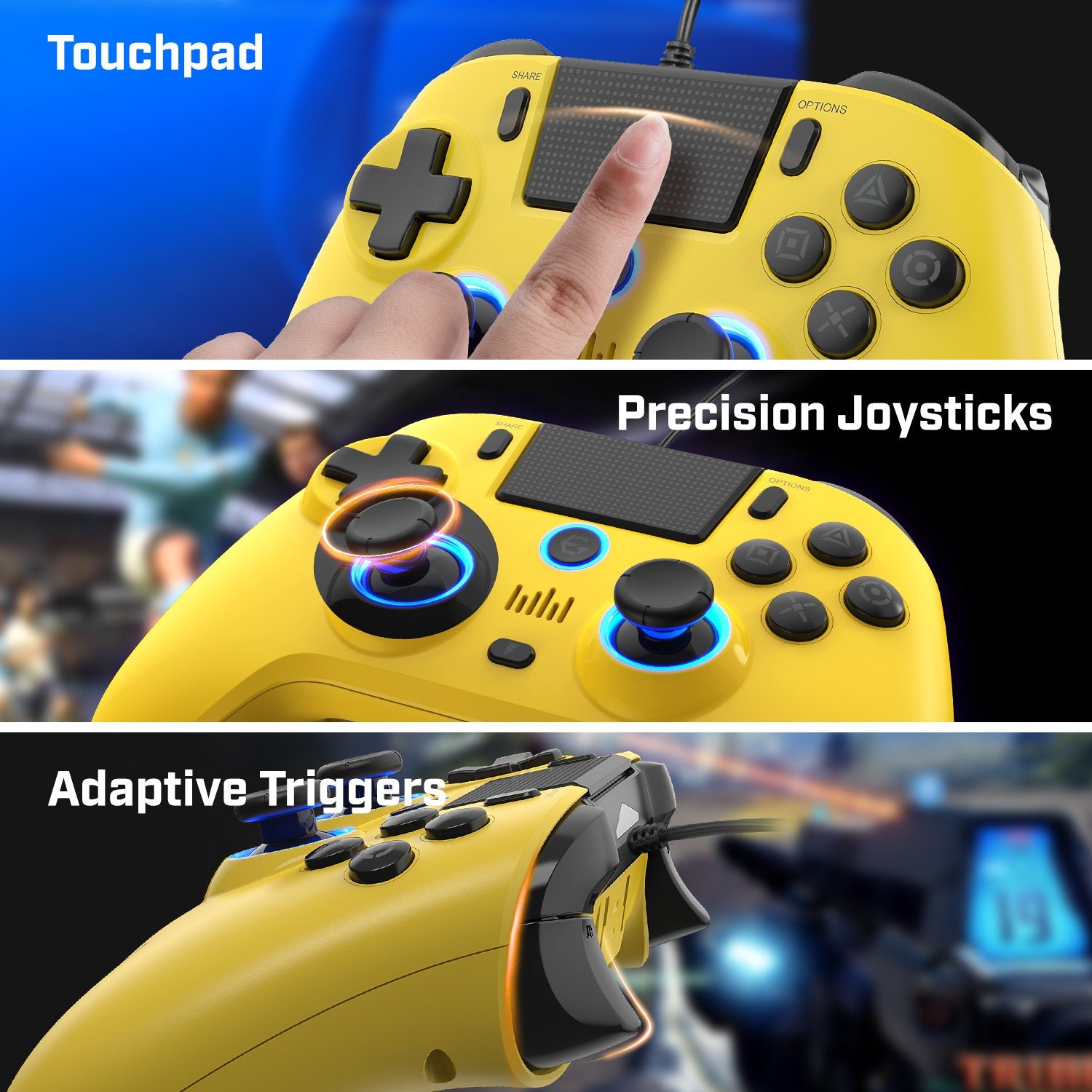 EgoGear - Manette filaire SC10 Jaune avec port audio pour casque pour PS4, PS3 et PC - flash vidéo