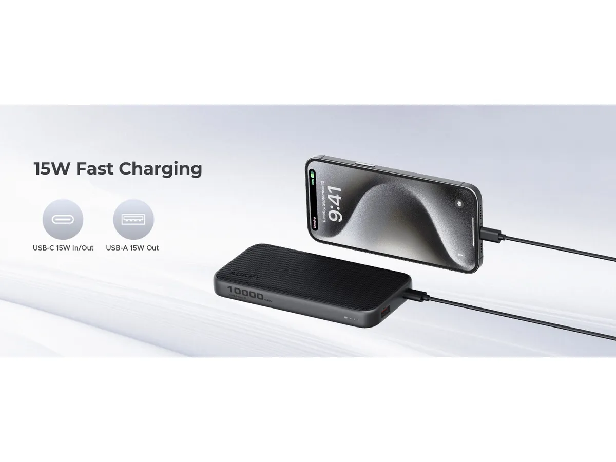 Aukey - Power Bank Grise Sprint 10000mAh 15W Charge rapide - flash vidéo