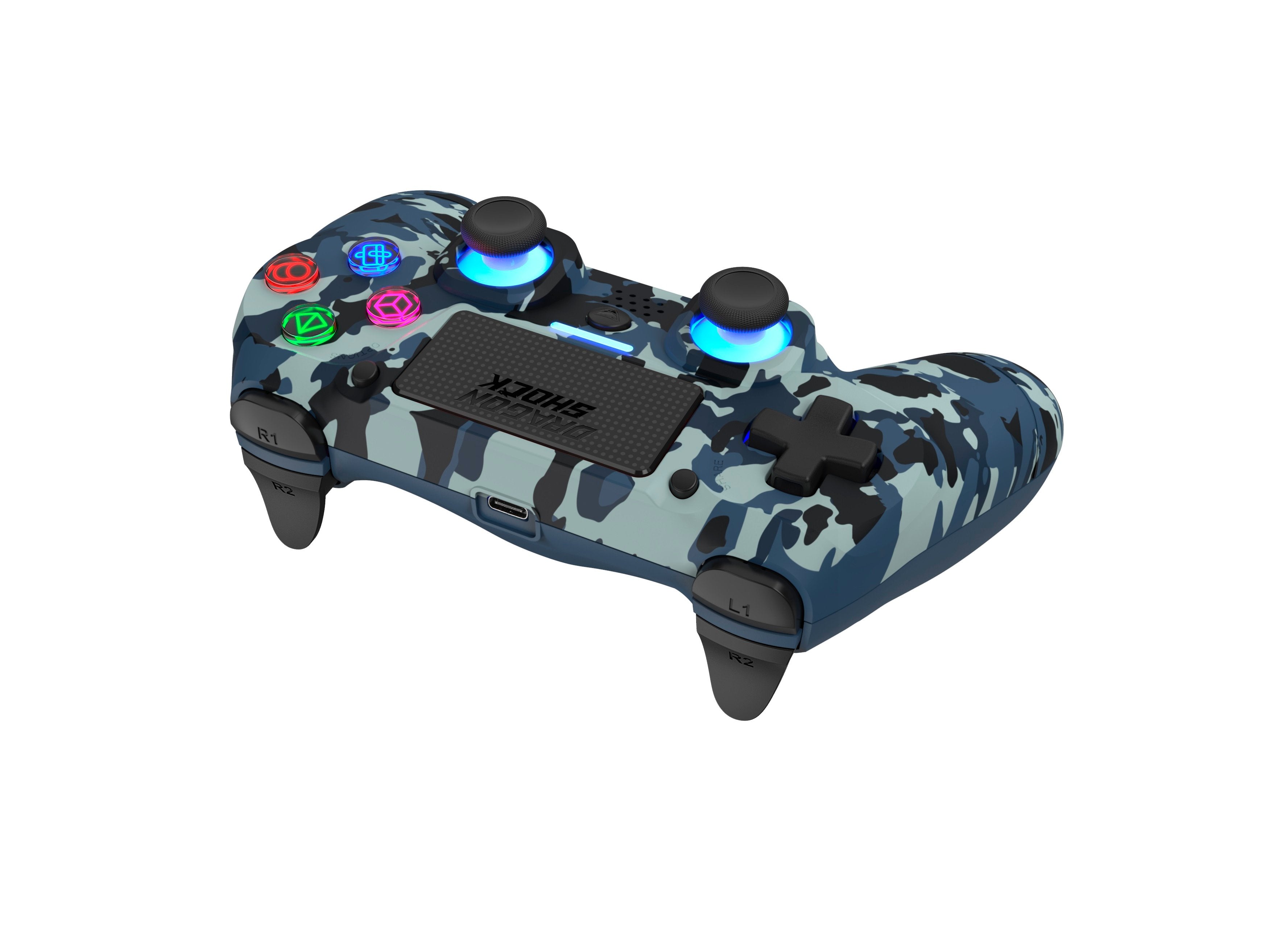 DragonShock - Manette sans fil Bluetooth MIZAR Bleu Camouflage pour PS4, PC et Mobile - flash vidéo