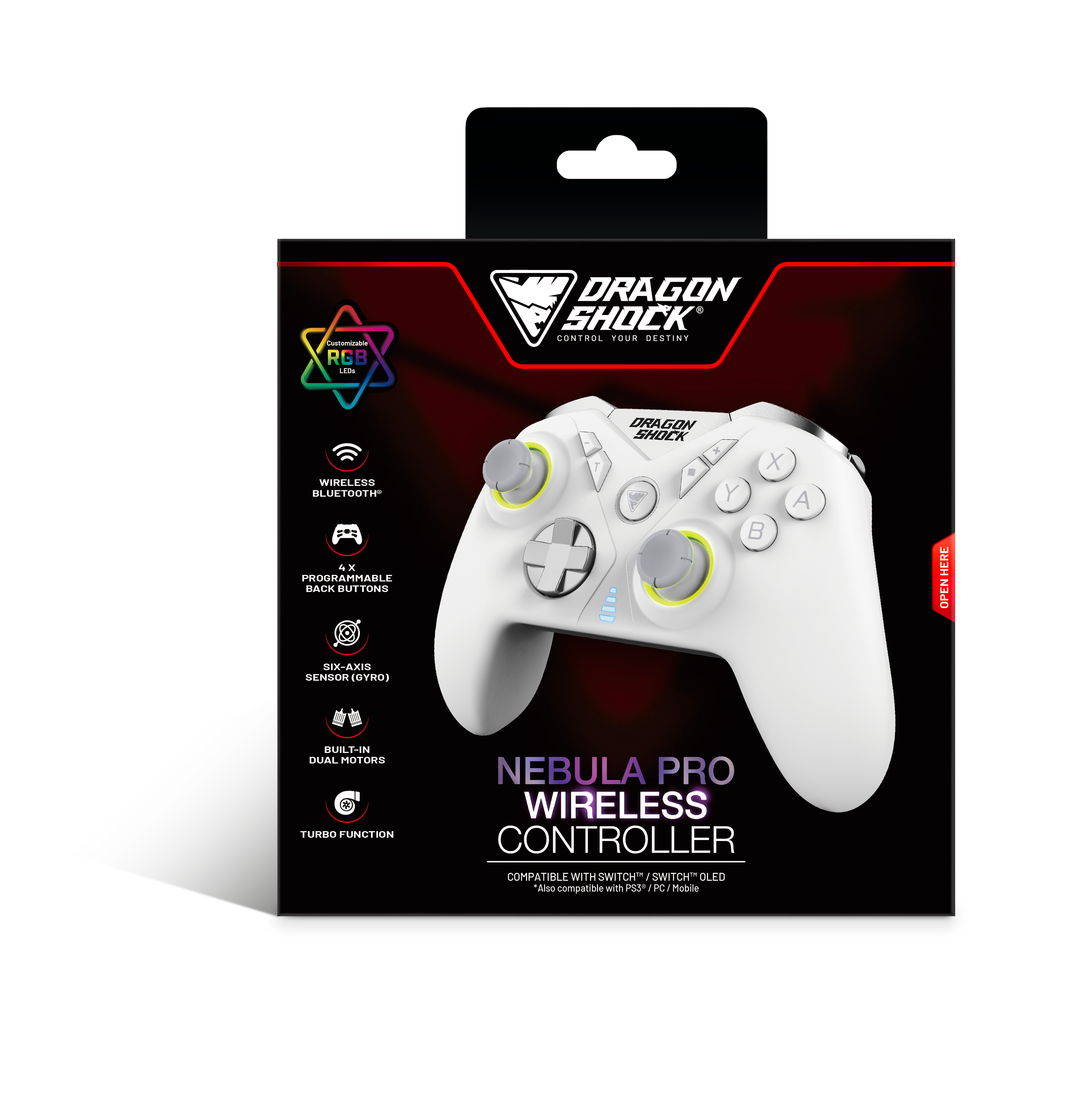 DragonShock - NEBULA PRO - Manette sans fil Pro Blanche pour Nintendo Switch, Switch Lite, Switch OLED, PS3, PC et Android - flash vidéo