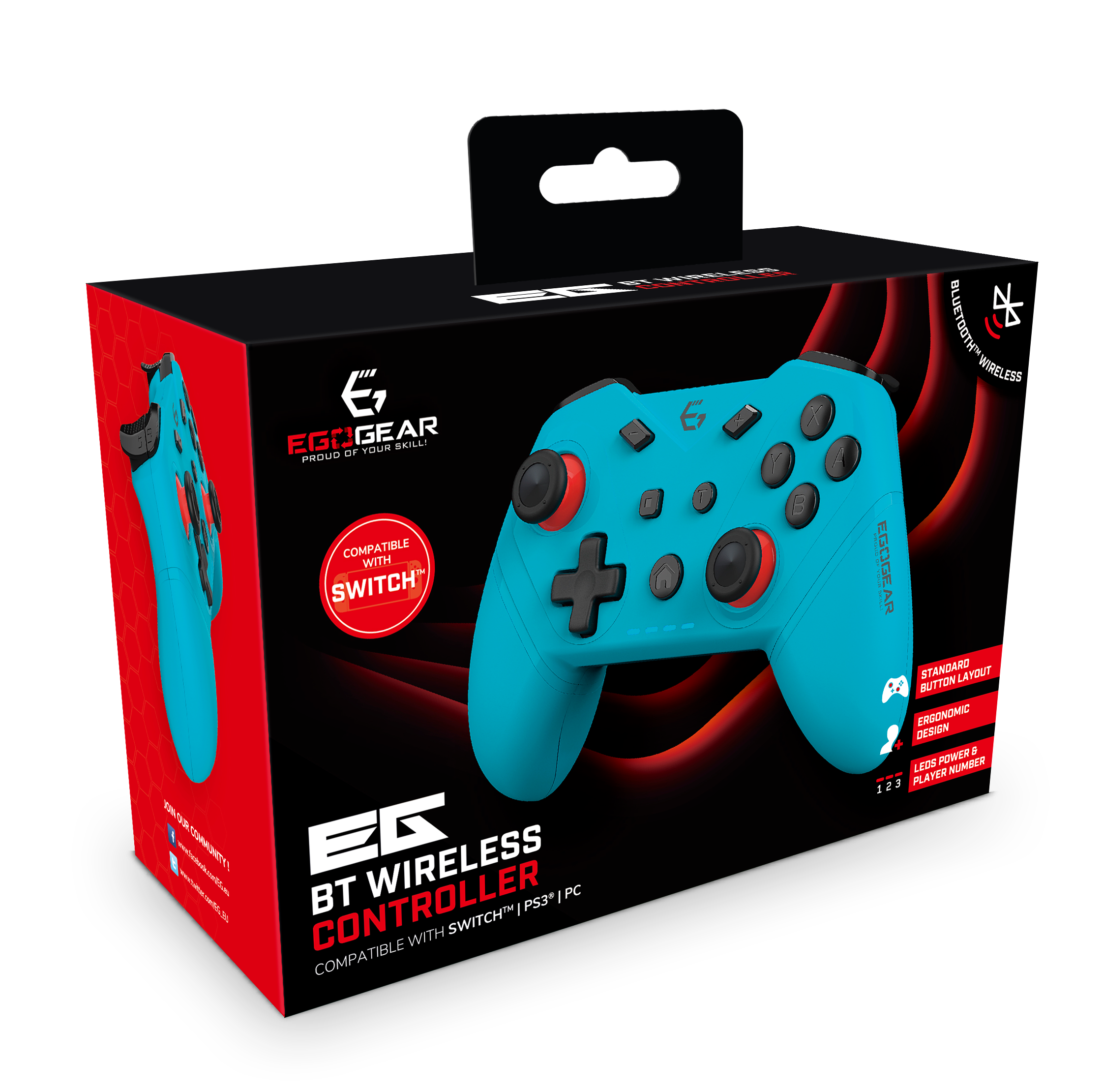 EgoGear - Manette sans fil Bluetooth SC20 Bleu Néon pour Nintendo Switch, Switch OLED, PS3 et PC - flash vidéo