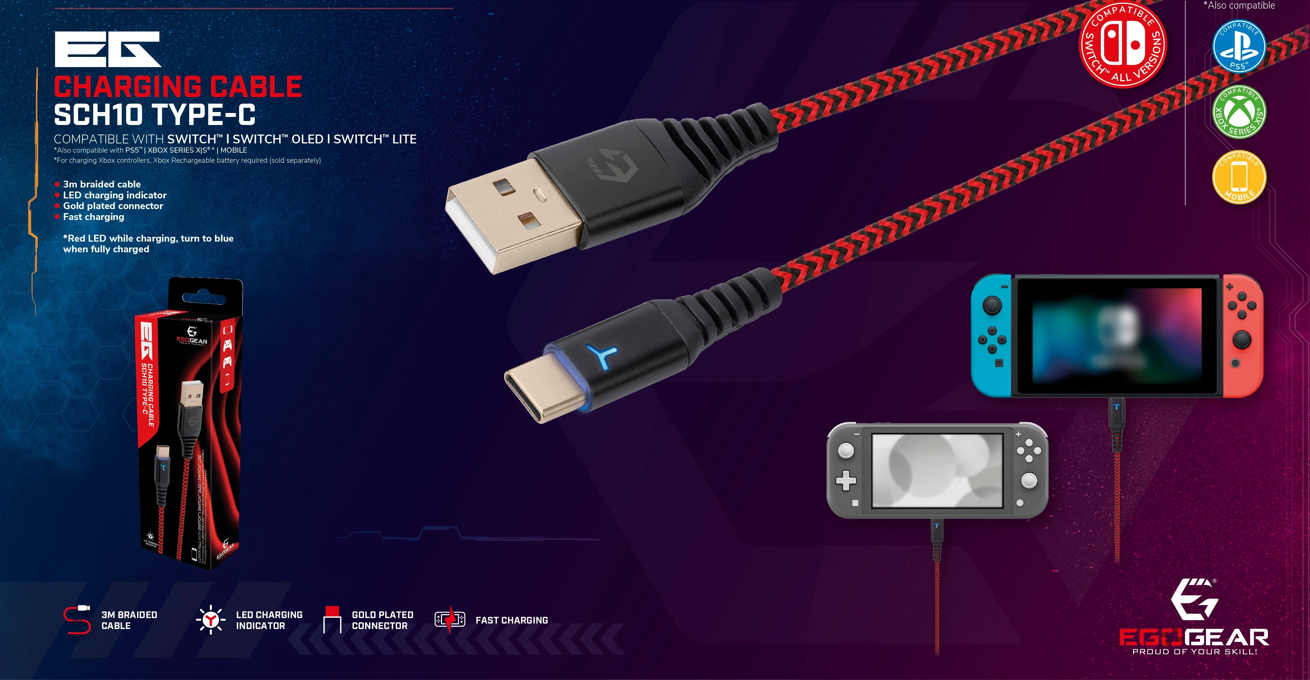 EgoGear - Câble de recharge tressé USB-C de 3m SCH10 Rouge et Noir pour Switch, Switch Lite, Switch OLED, PS5 et Xbox Series X|S - flash vidéo