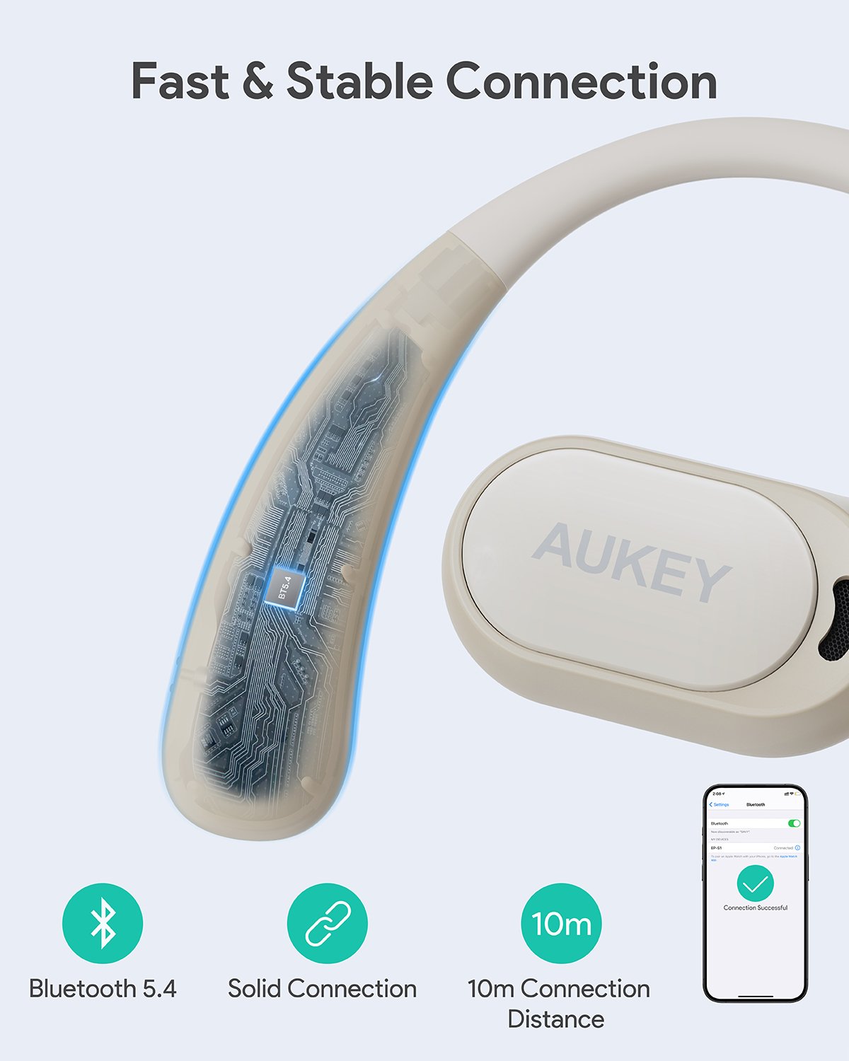 Aukey - Écouteurs sans fil connectés Sports Fit Open-Ear Blanc - flash vidéo