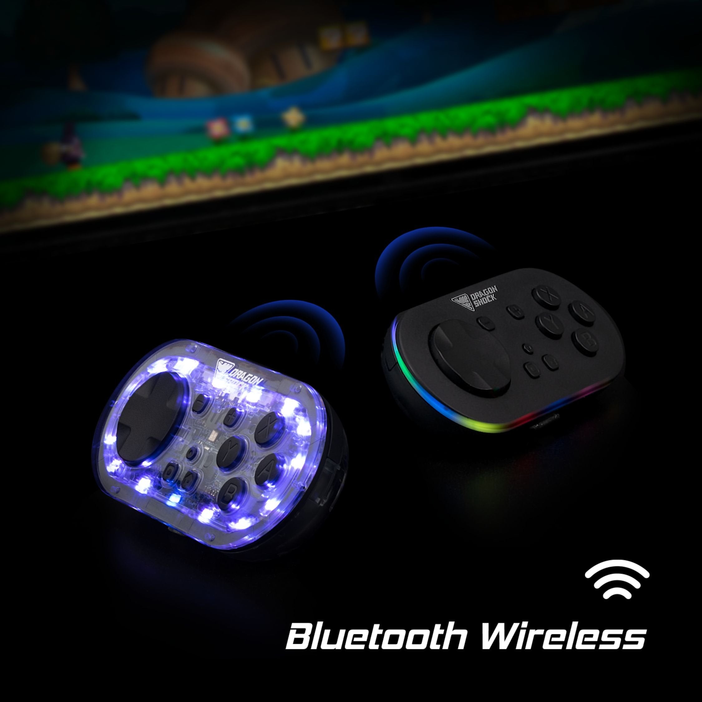 DragonShock - Paire Mini Manettes Sans Fil Glow Fusion et Noire pour Nintendo Switch, Switch OLED, PC, Android et IOS - flash vidéo