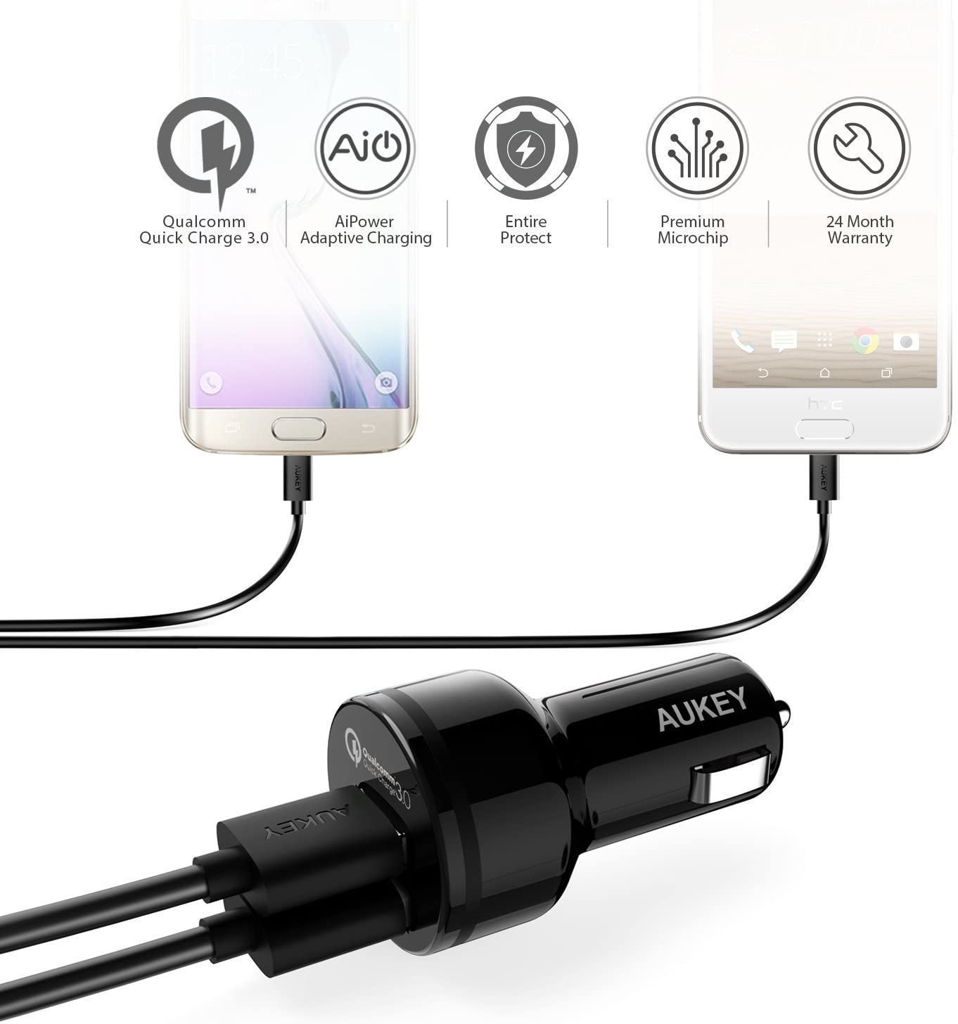 Aukey - Chargeur de voiture 36W QC 3.0 à 2 ports CC-T8 Expedition Series - flash vidéo