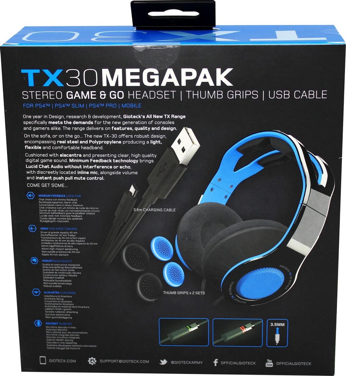 Gioteck - Mégapack TX30 - Casque Stéréo Game & Go + Reposes pouces (Thumbs Grips) + Câble USB pour PS4 - flash vidéo