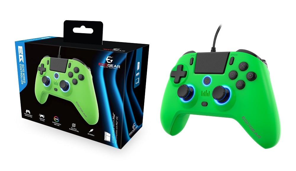 EgoGear - Manette filaire SC10 Verte avec port audio pour casque pour PS4, PS3 et PC - flash vidéo
