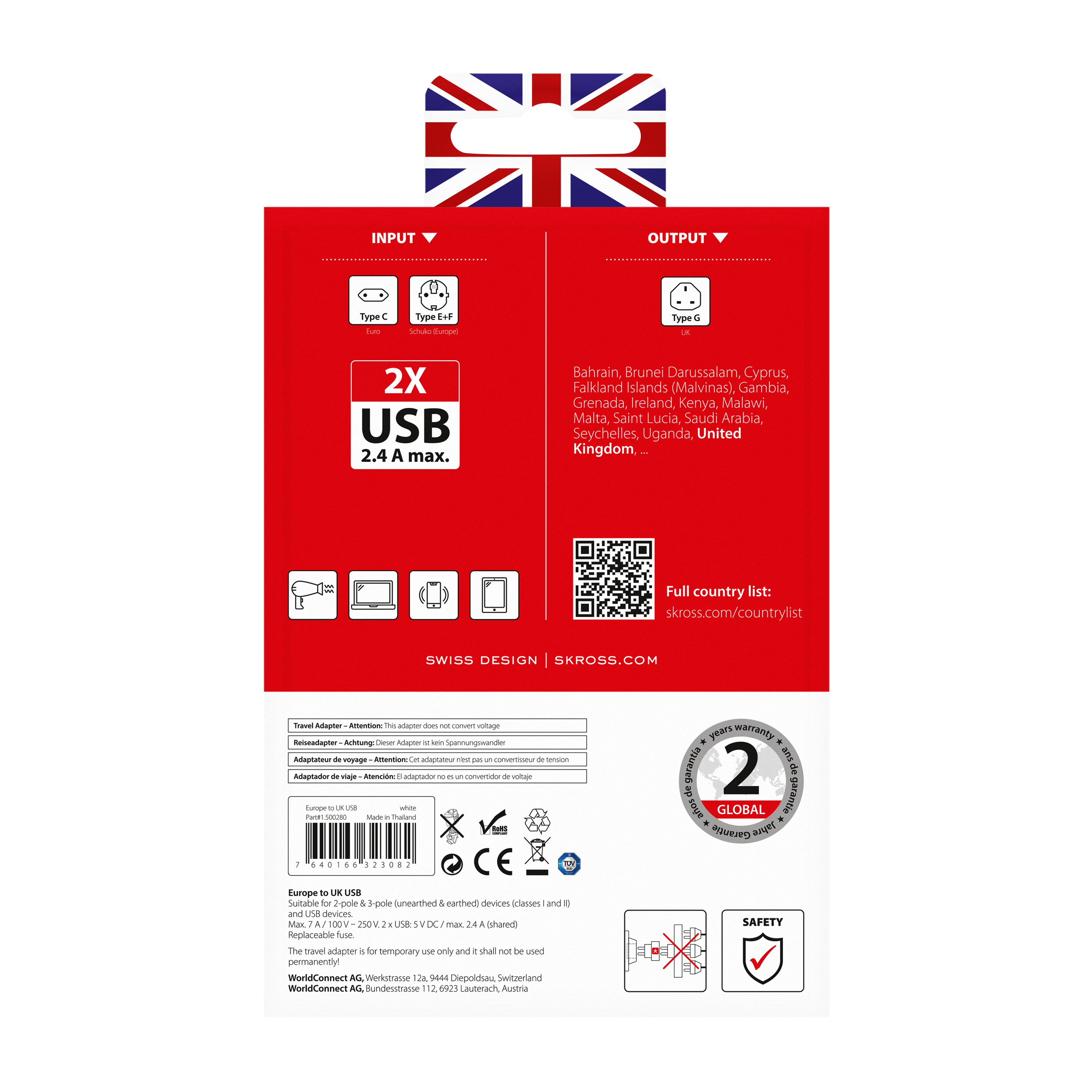 SKROSS - Adapter Europe to United Kingdom + 2 USB 2400mMA - flash vidéo