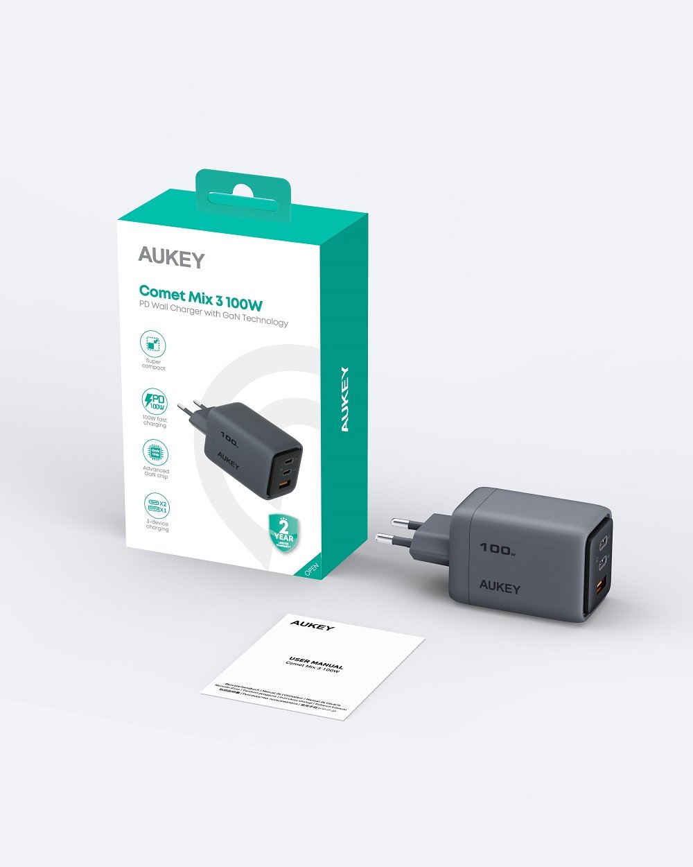 Aukey - Chargeur mural Comet Mix 100W GaN PD 4-Port Gris - flash vidéo
