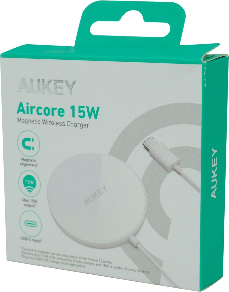 Aukey - Chargeur magnétique 15W sans fil Aircore Blanc - flash vidéo