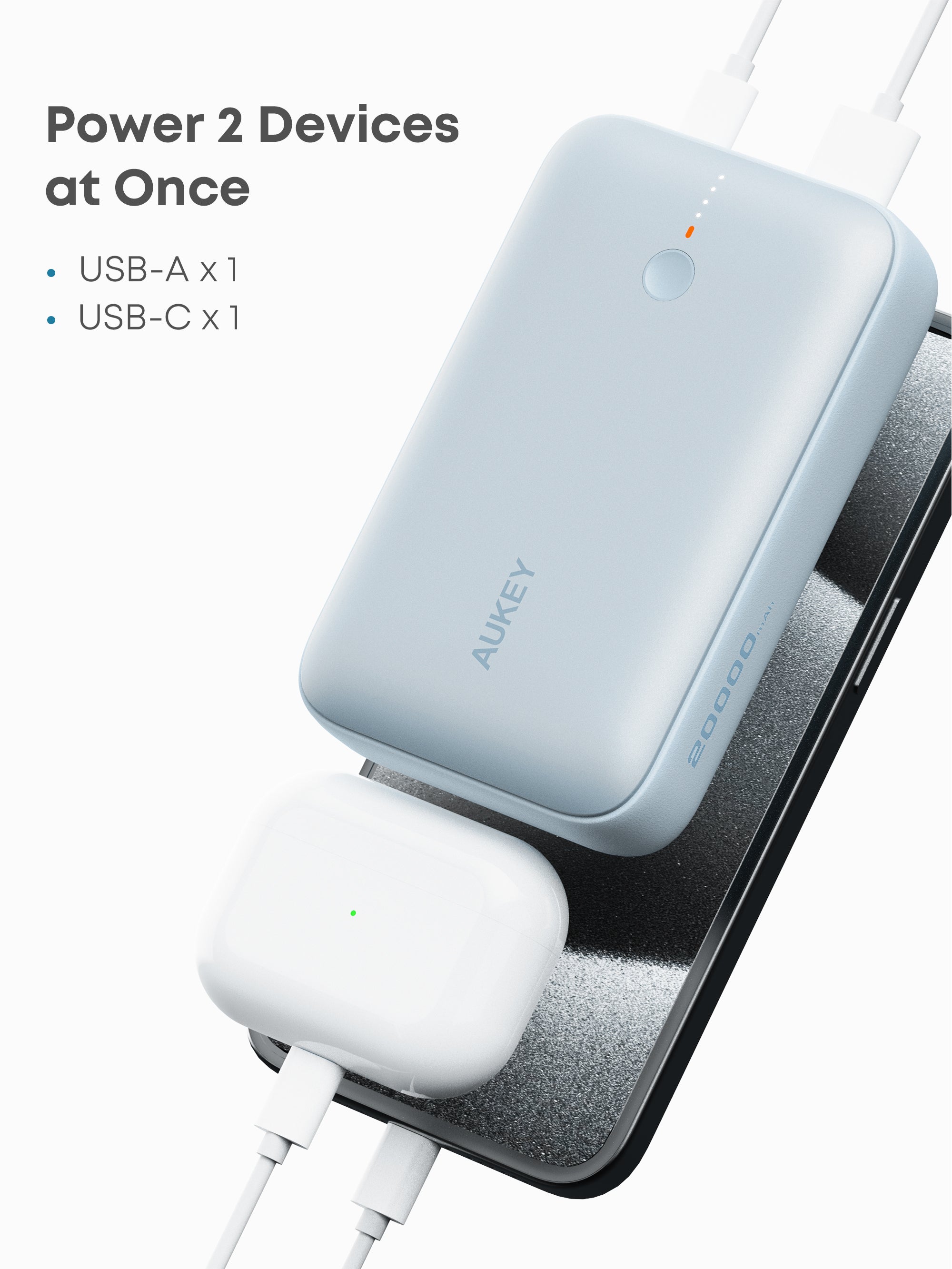 Aukey - Spark Mini 20000mAh 20W Powerbank Bleu USB-C/USB-A - flash vidéo