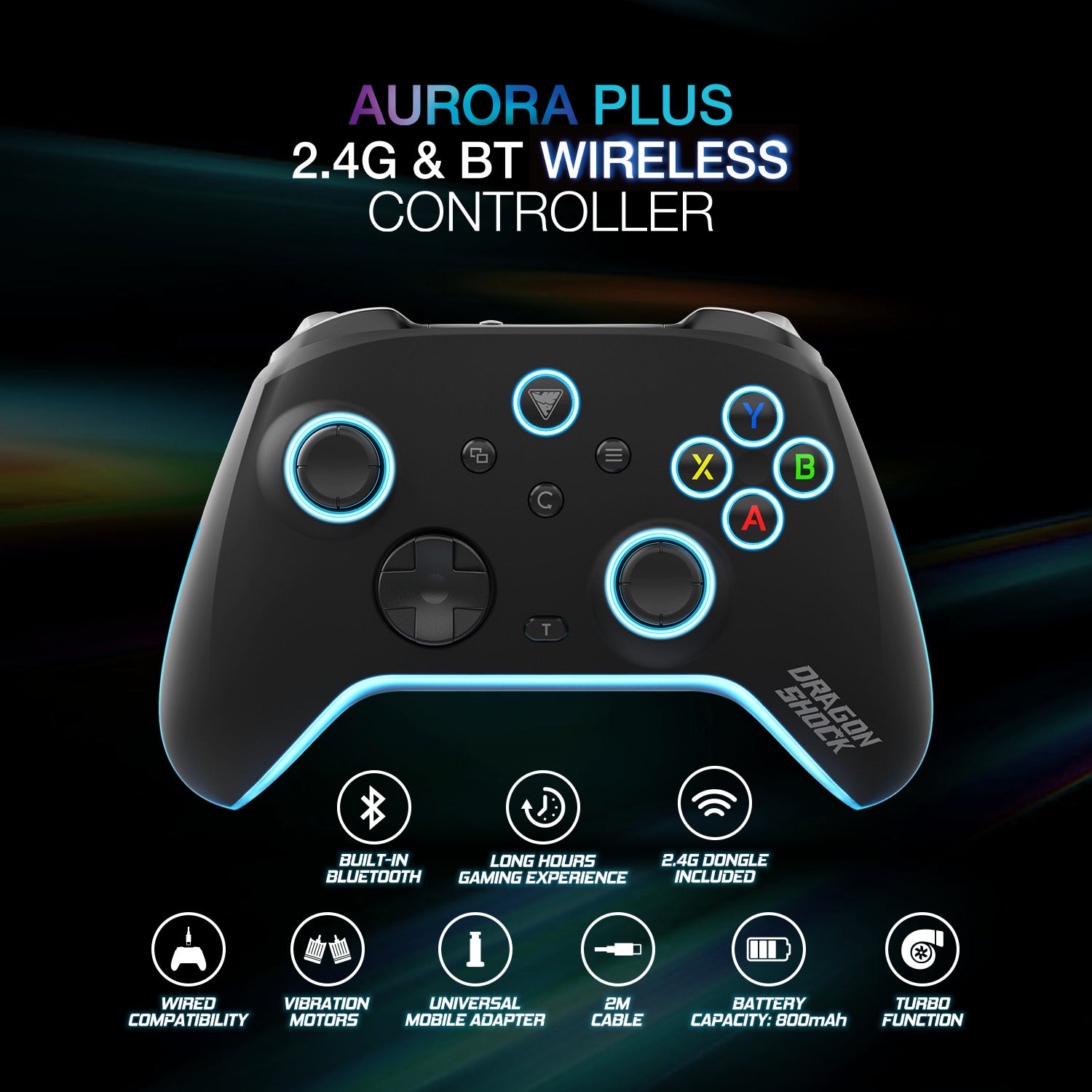 DragonShock - AURORA PLUS - Manette sans fil noire avec support téléphone pour PS3, PC, Android et IOS - flash vidéo