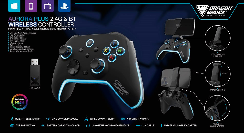 DragonShock - AURORA PLUS - Manette sans fil noire avec support téléphone pour PS3, PC, Android et IOS - flash vidéo