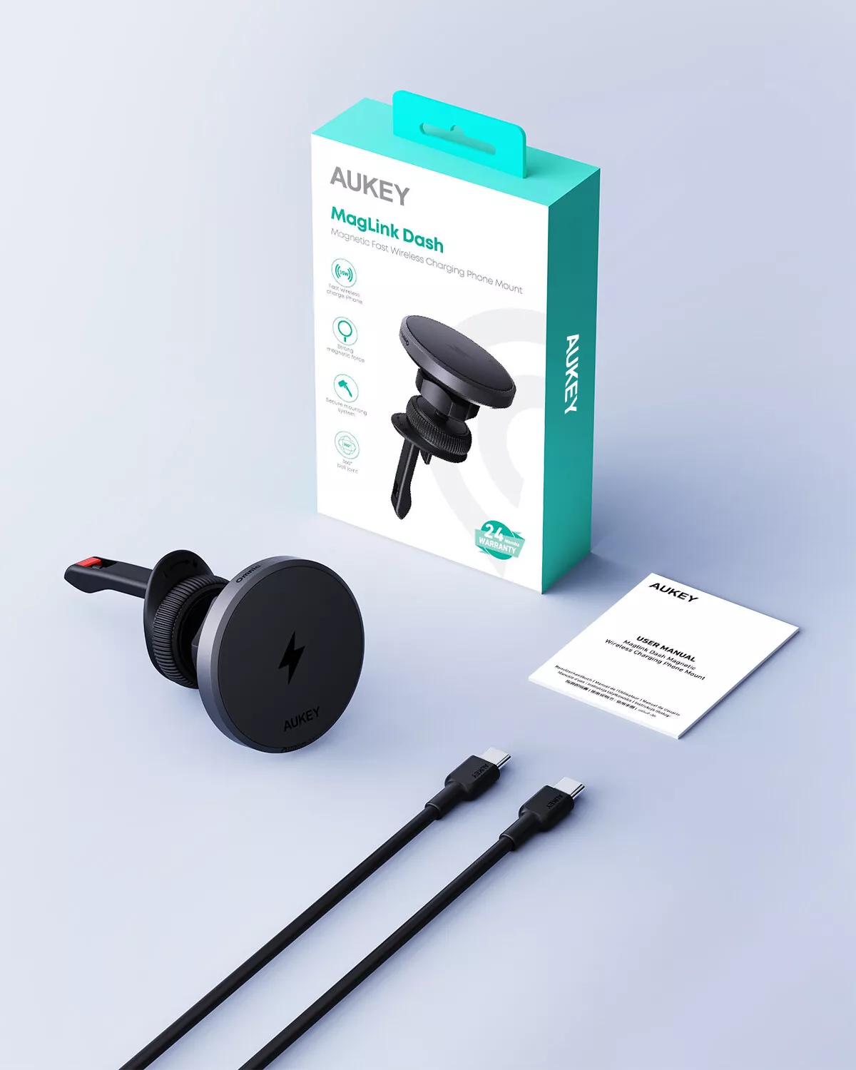 Aukey - Chargeur magnétique 15W sans fil MagFusion Dash Support de téléphone Qi2 - flash vidéo