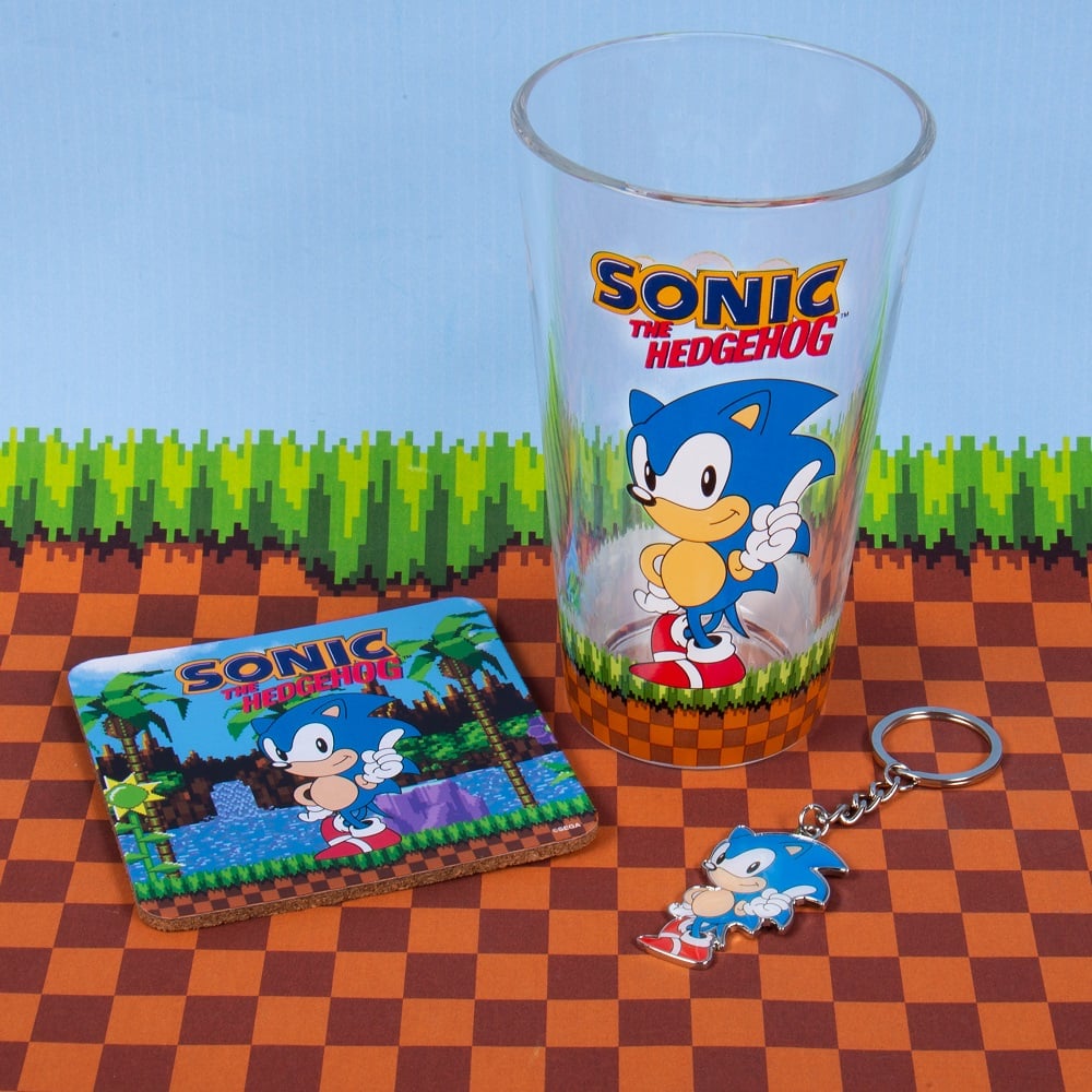 Sonic the Hedgehog - Coffret cadeau verre, dessous de verre et porte-clés - flash vidéo
