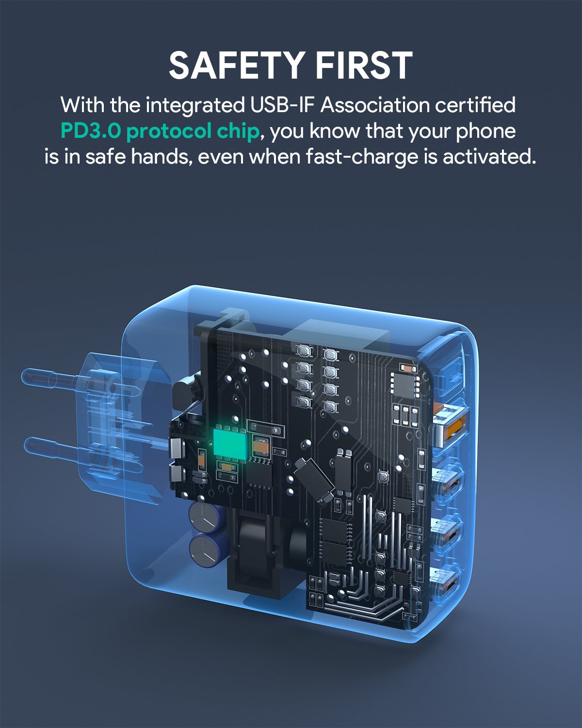 Aukey - Chargeur mural Omnia Mix II 100W PD GaN PA-B6S Bundle 4-Port 3xUSB-C, 1xUSB-A et Cable - flash vidéo