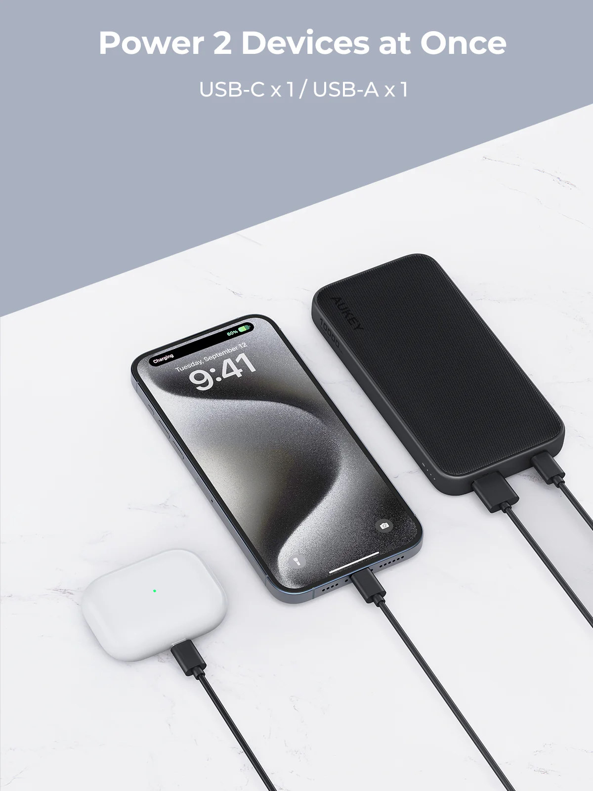Aukey - Power Bank Grise Sprint 10000mAh 15W Charge rapide - flash vidéo