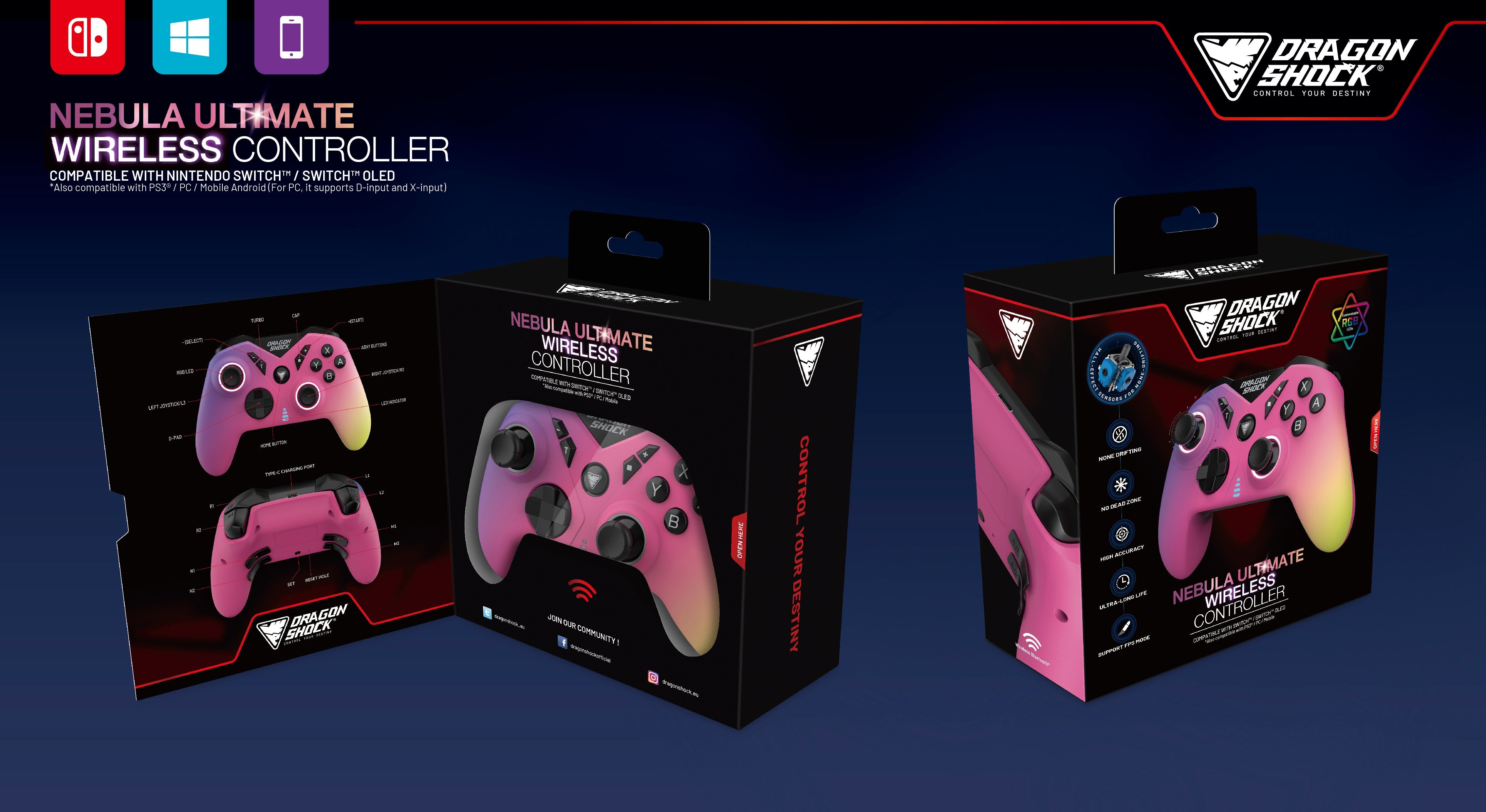 DragonShock - NEBULA ULTIMATE - Manette sans fil Pro Candy pour Nintendo Switch, Switch Lite, Switch OLED, PS3, PC et Android - flash vidéo