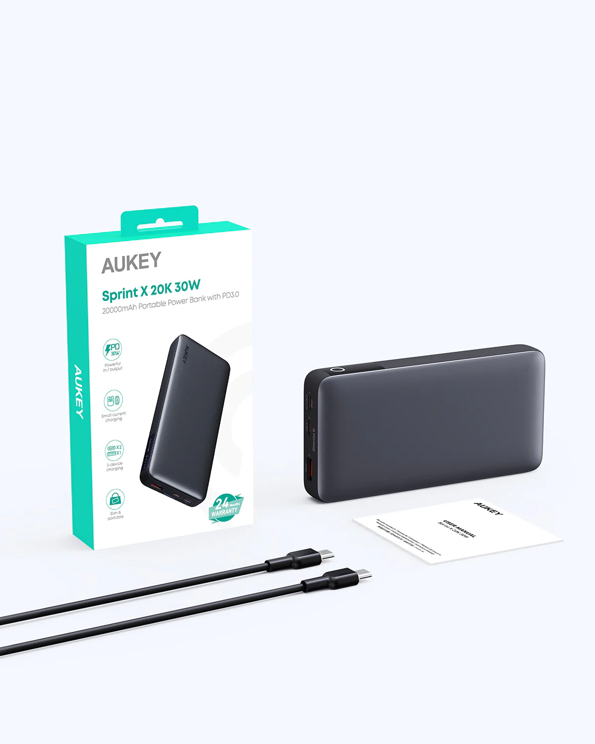 Aukey - Power Bank Noire SprintX 20000mAh 30W Charge rapide - flash vidéo