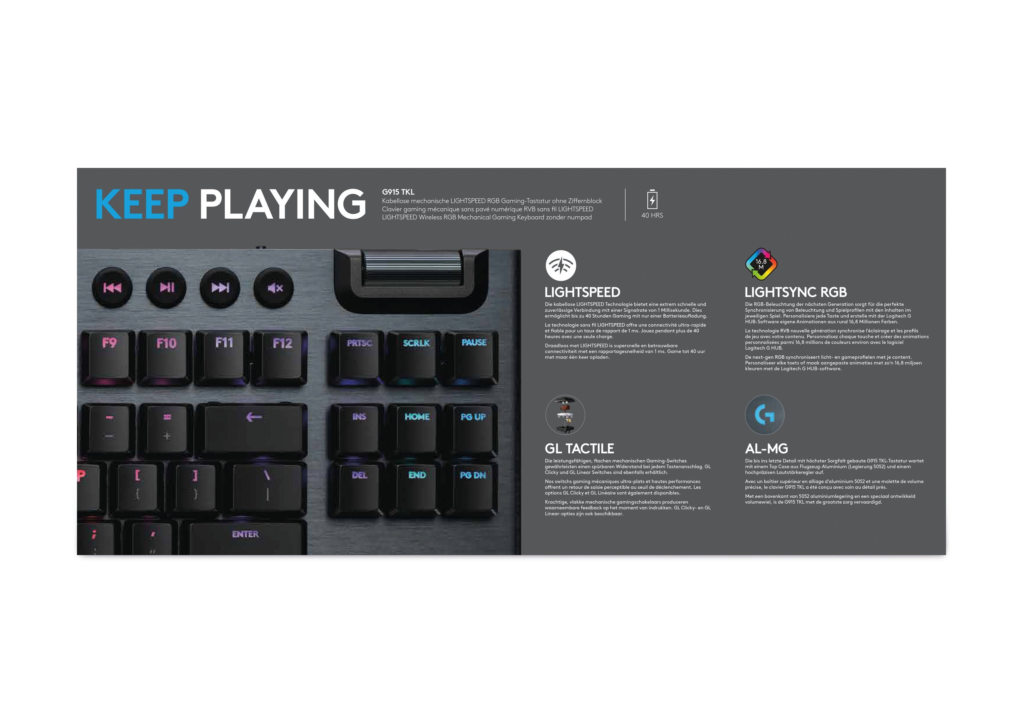 Logitech Clavier mécanique de jeu TKL sans pavé numérique Lightspeed RGB sans fil avec commutateurs GL tactile G915 Carbon - Azerty BE - flash vidéo