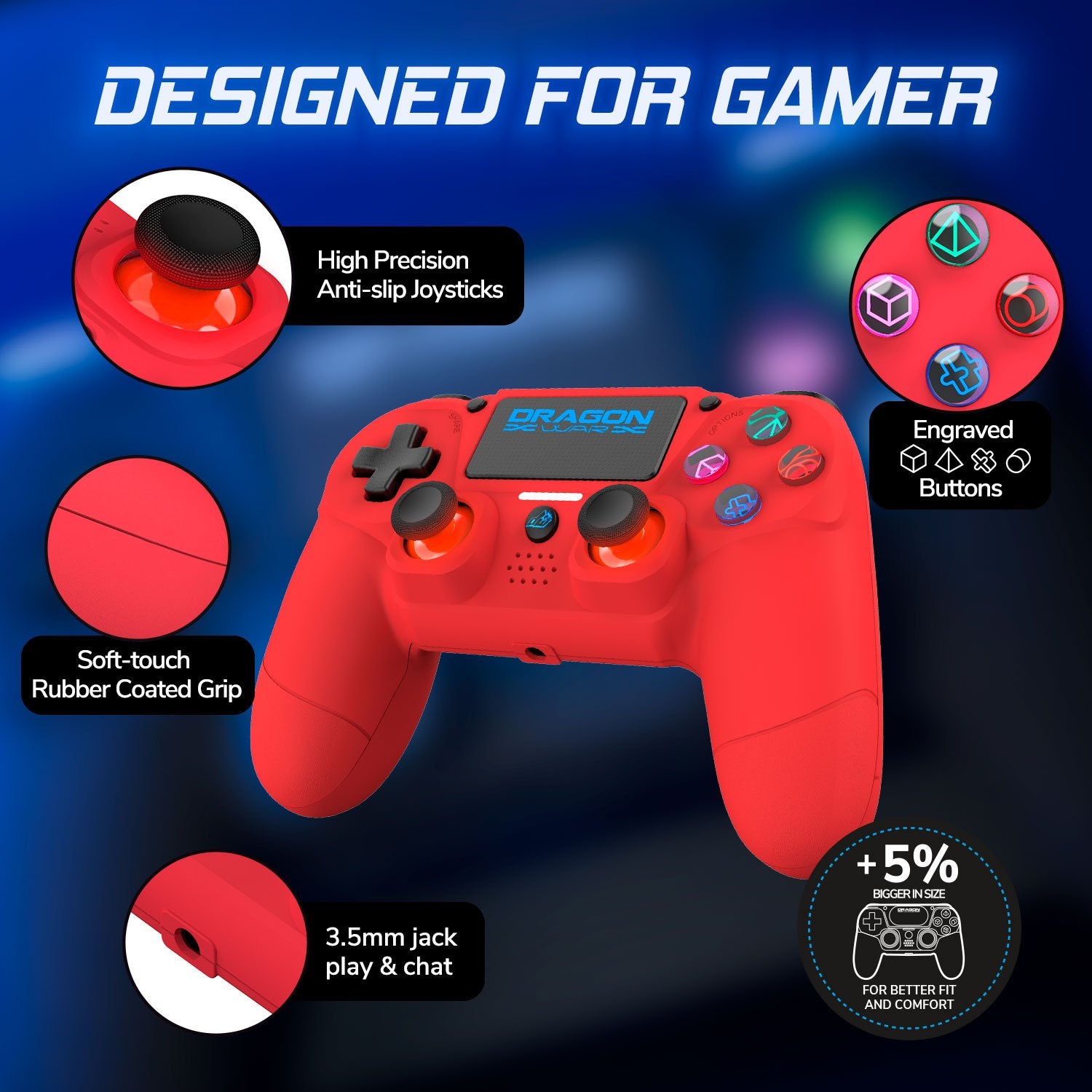 Dragonwar - Manette sans fil Dragon Shock 4 Rouge pour PS4, PC et Mobile - flash vidéo