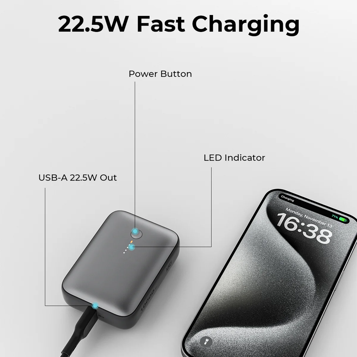Aukey - Spark Mini 10000mAh 20W Powerbank Bleu USB-C/USB-A - flash vidéo