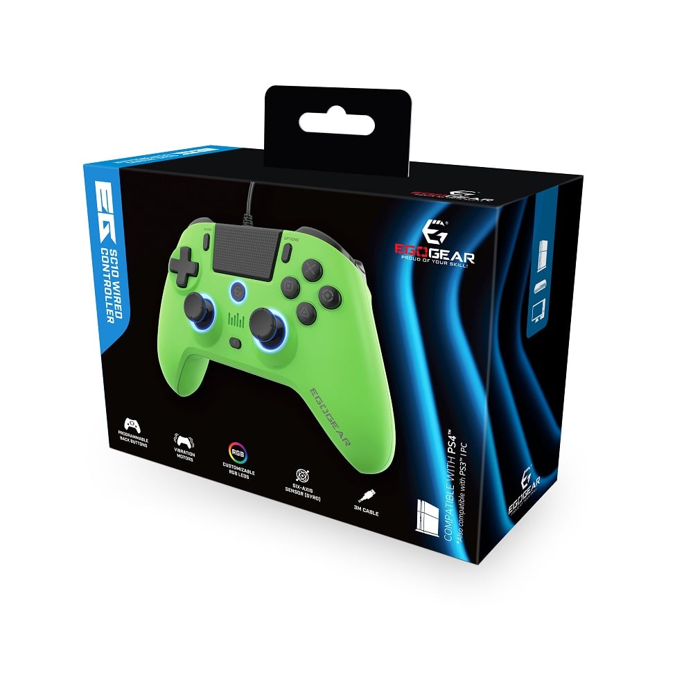 EgoGear - Manette filaire SC10 Verte avec port audio pour casque pour PS4, PS3 et PC - flash vidéo