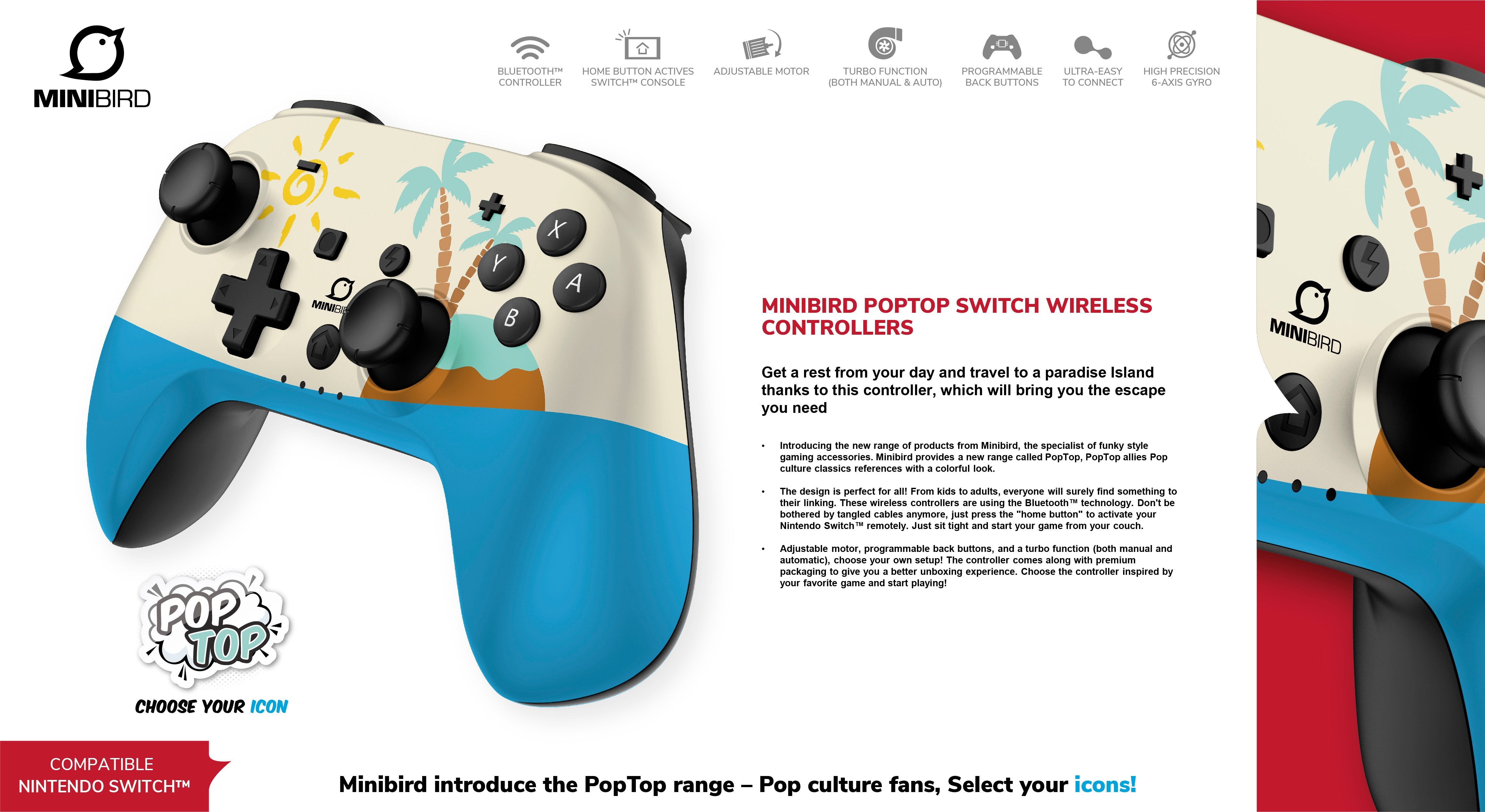 Minibird Pop Top - Manette sans fil Bluetooth "The Island" pour Ninten