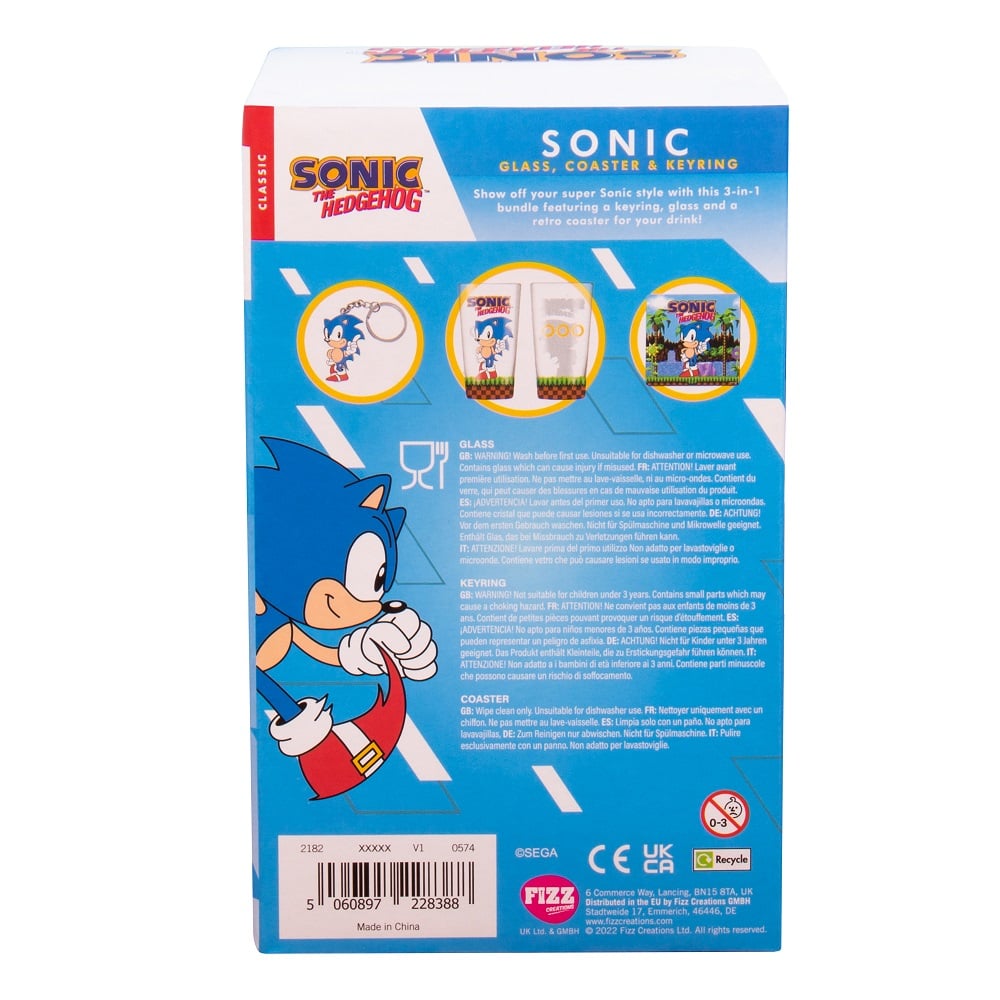 Sonic the Hedgehog - Coffret cadeau verre, dessous de verre et porte-clés - flash vidéo