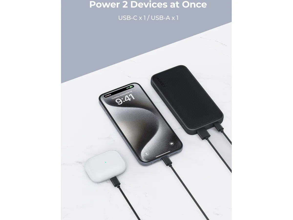 Aukey - Power Bank Grise Sprint 10000mAh 15W Charge rapide - flash vidéo