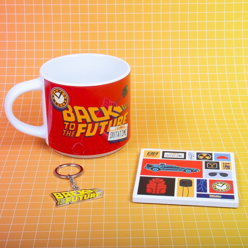 Retour vers le futur - Coffret cadeau mug, dessous de verre et porte-clés - flash vidéo